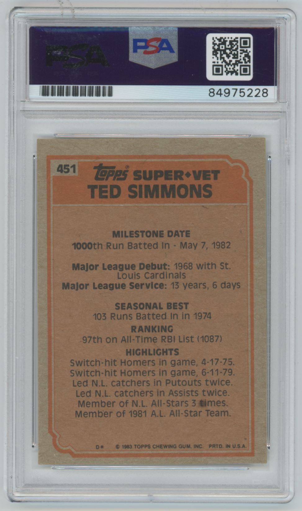 1983 Topps Ted Simmons - PSA/DNA Gem 10 Auto
