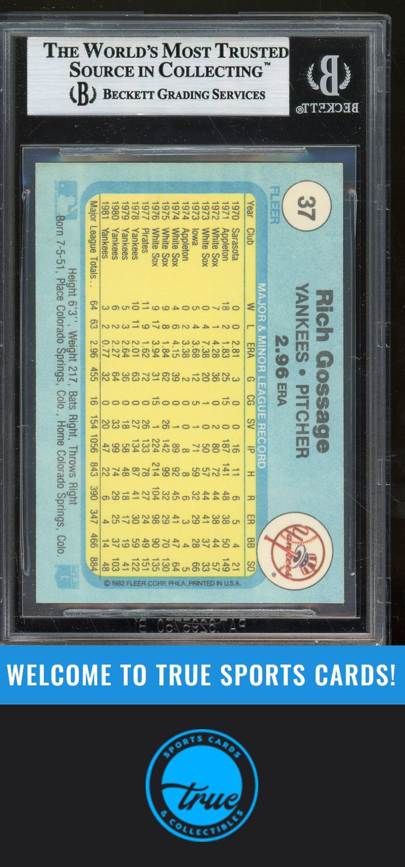 1982 Fleer #37 Rich Gossage Auto BGS Authentic