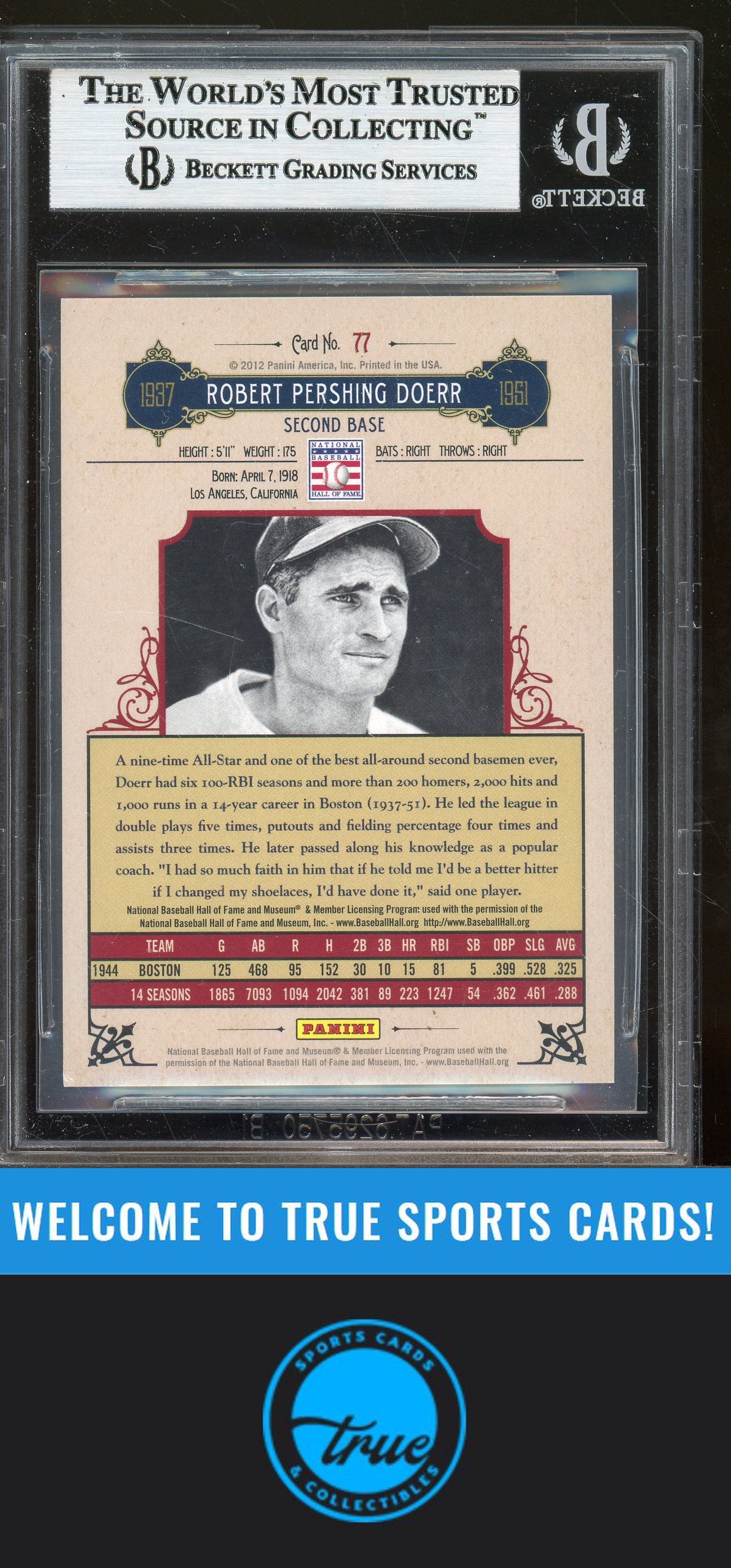 2012 Panini Cooperstown #77 Bobby Doerr Crystal Red Auto /399 BGS Authentic