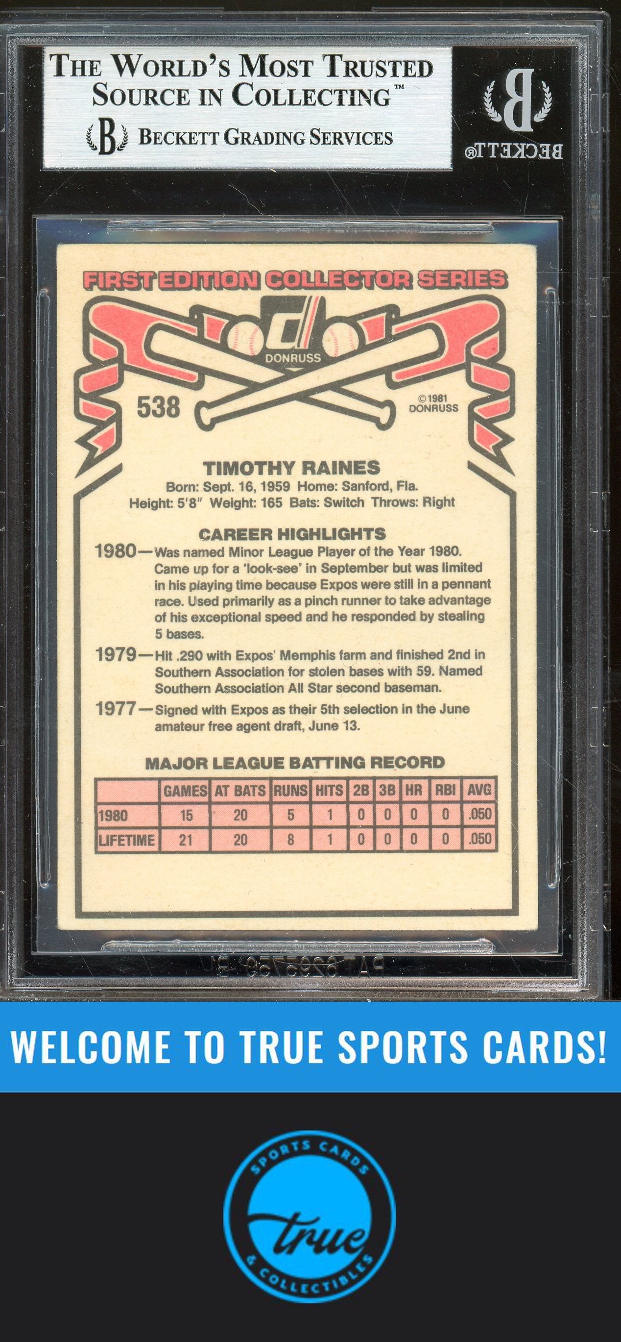 1981 Donruss #538 Tim Raines Auto BGS Authentic