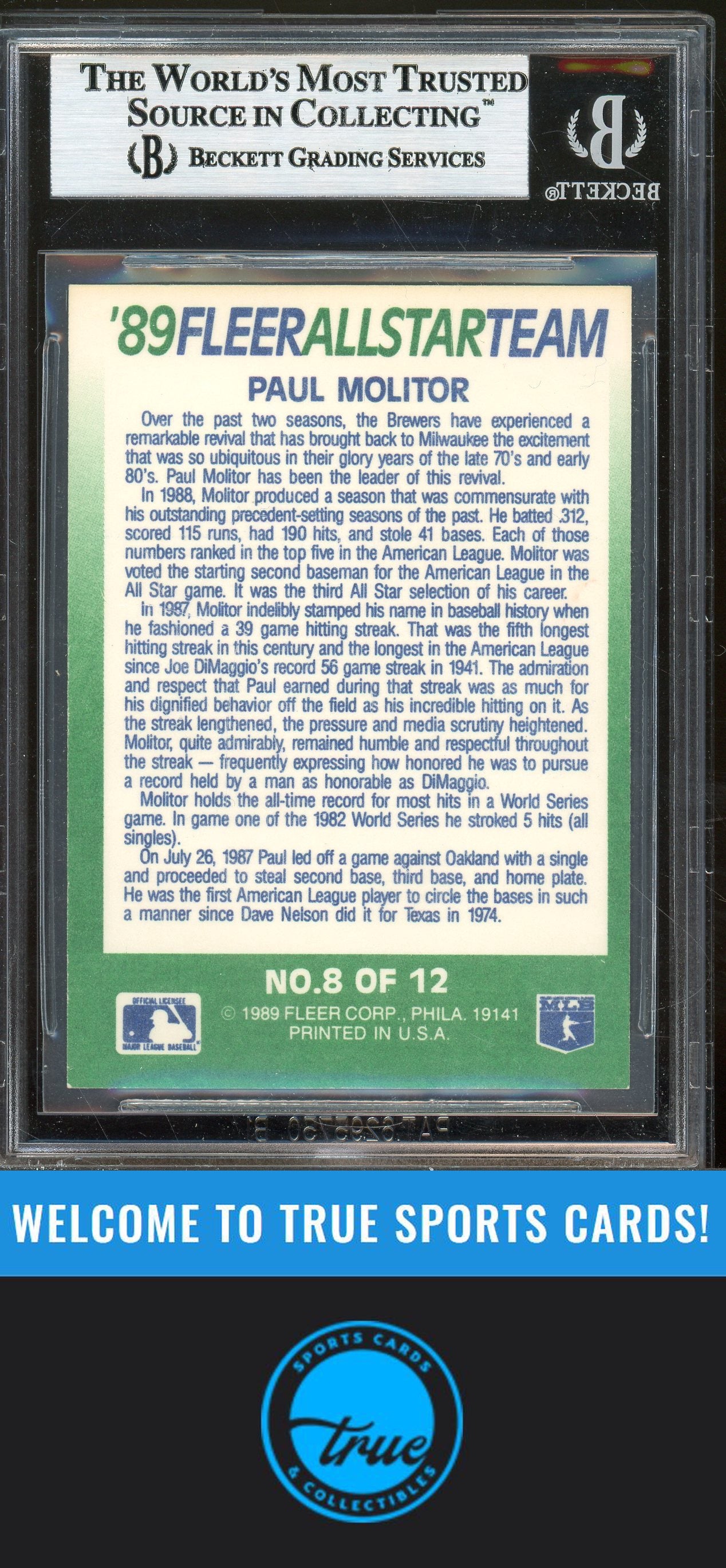 1989 Fleer #8 Paul Molitor '89 Fleer All-Star Team Auto BGS Authentic