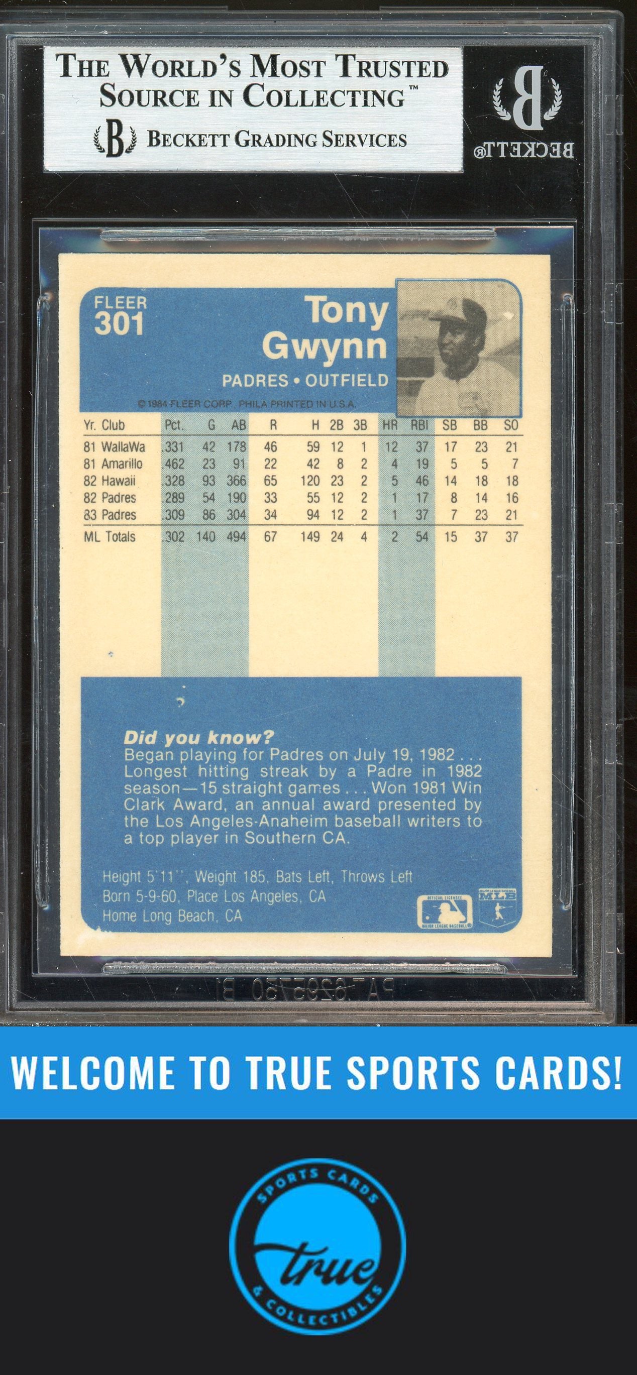 1984 Fleer #301 Tony Gwynn Auto BGS Authentic