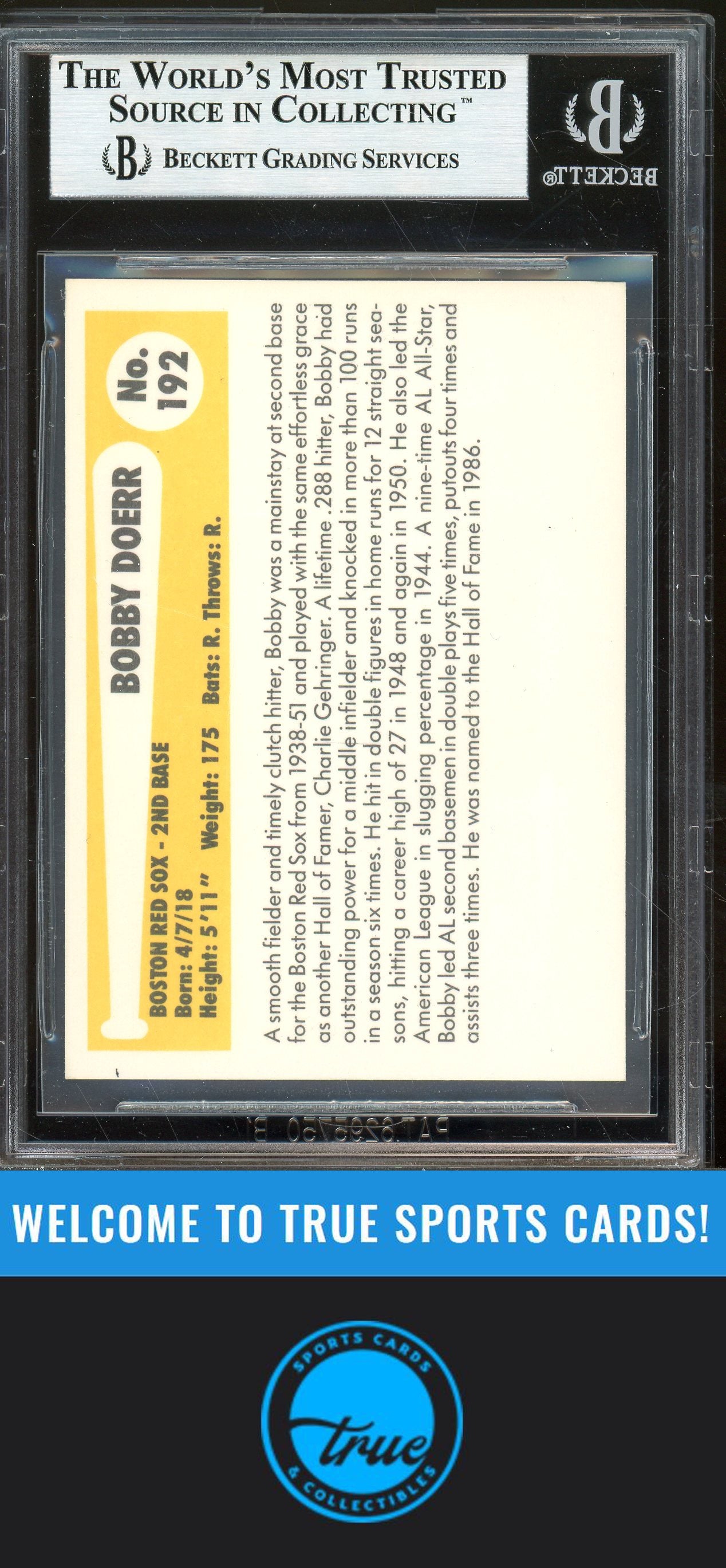 1980-87 SSPC HOF #192 Bobby Doerr Auto BGS Authentic