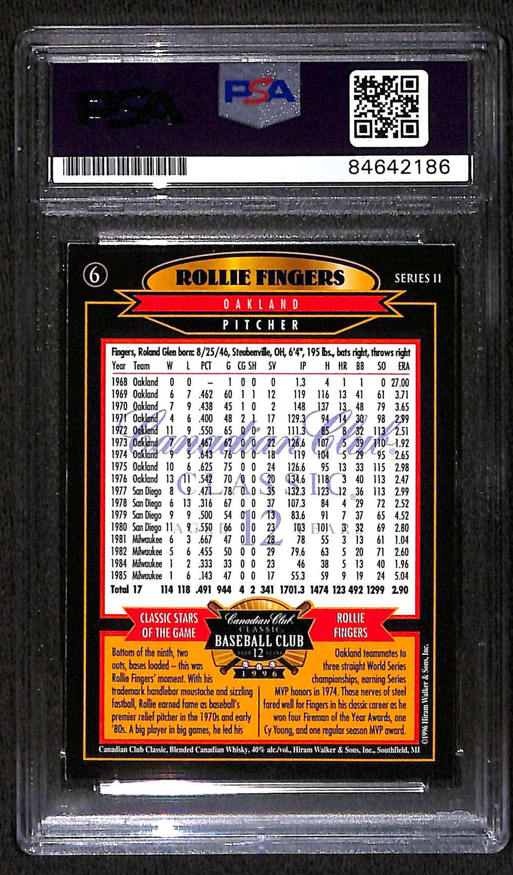 1996 CANADIAN CLUB ROLLIE FINGERS AUTO - PSA/DNA