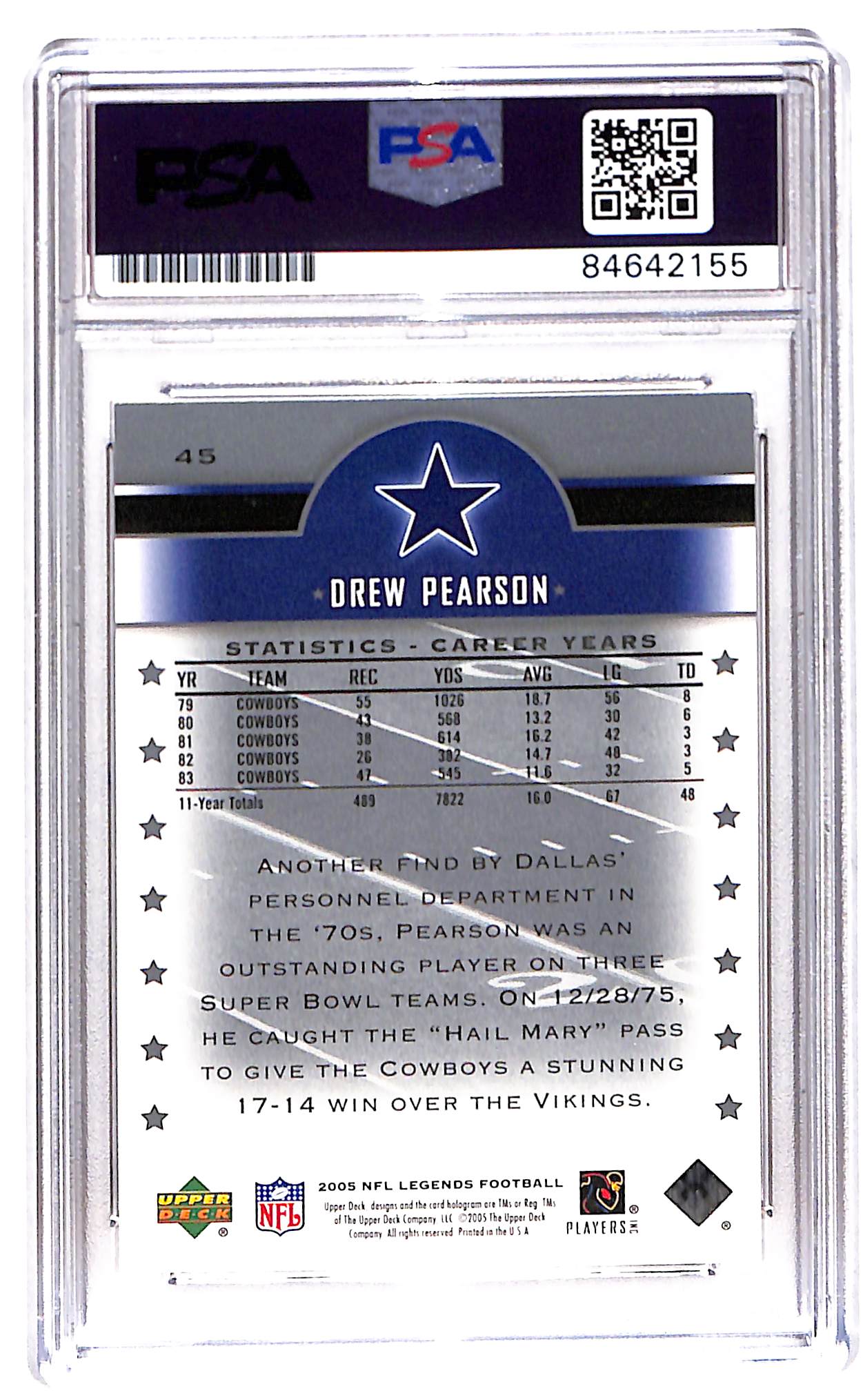 2005 UPPER DECK LEGENDS DREW PEARSON AUTO CARD W/ HOF 21 INSCRIPTION (2155)