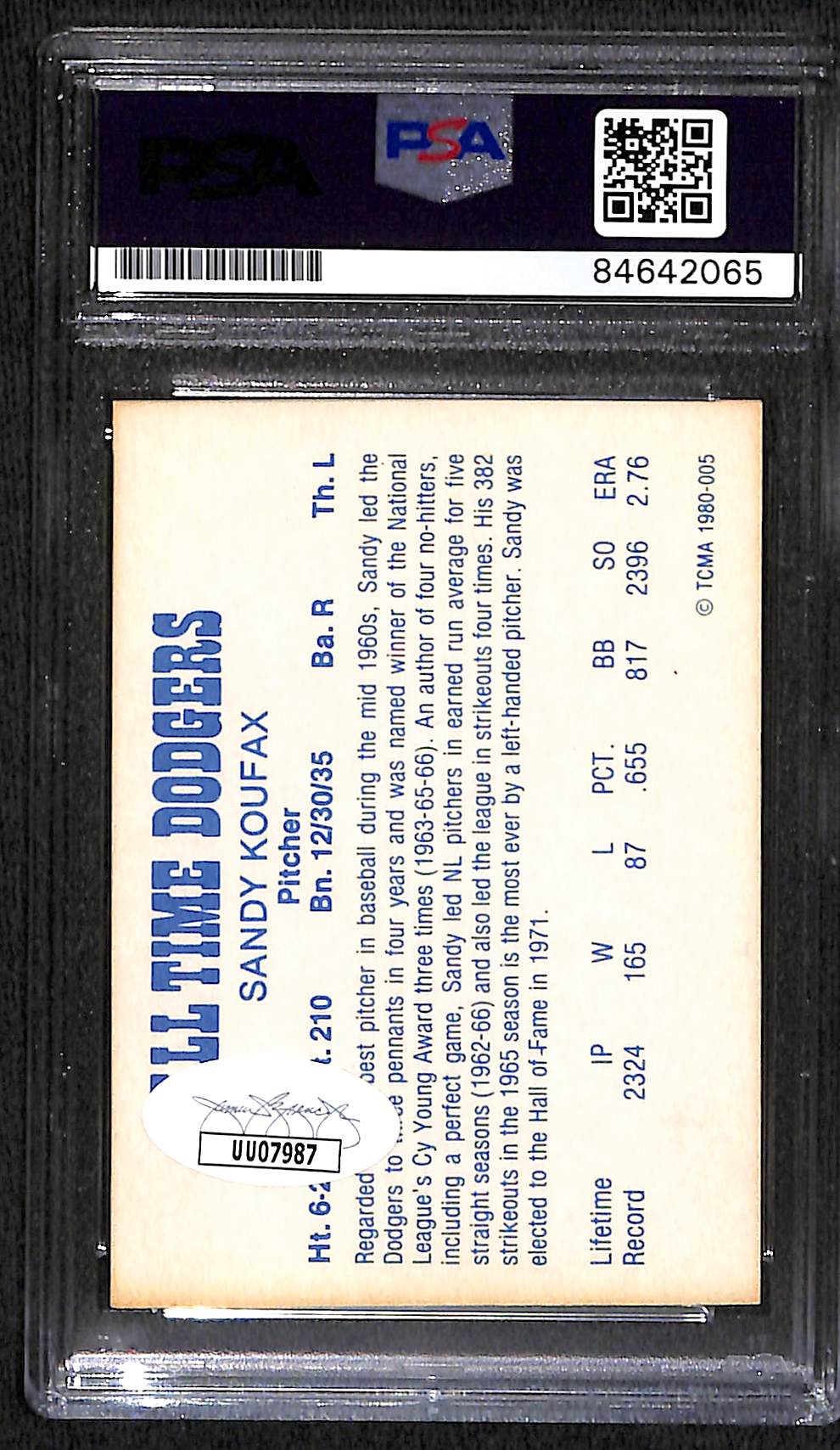 1980 TCMA ALL TIME DODGERS SANDY KOUFAX AUTO CARD PSA DNA (2065)