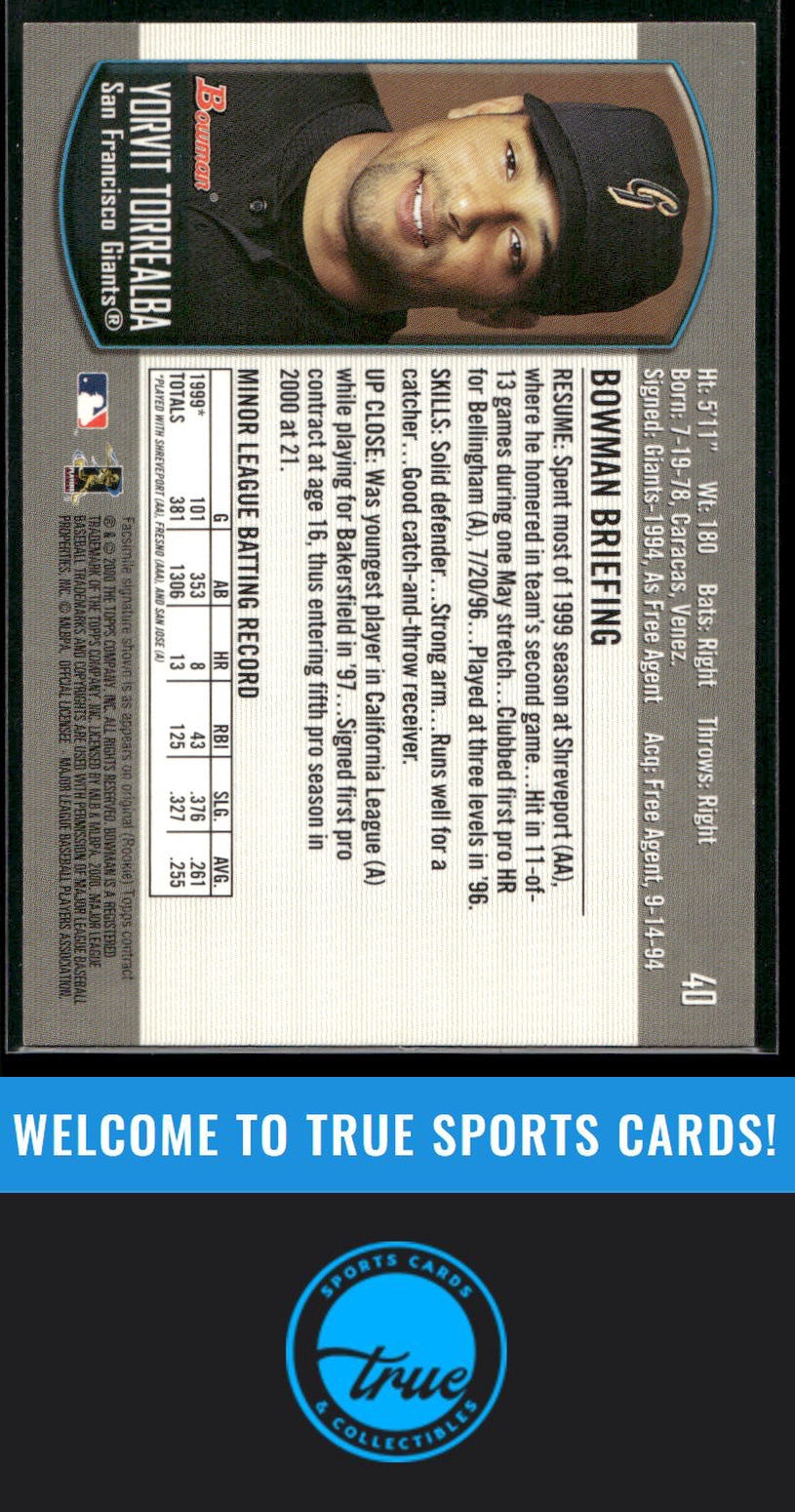 2000 Bowman Draft Picks & Prospects #40 Yorvit Torrealba Auto