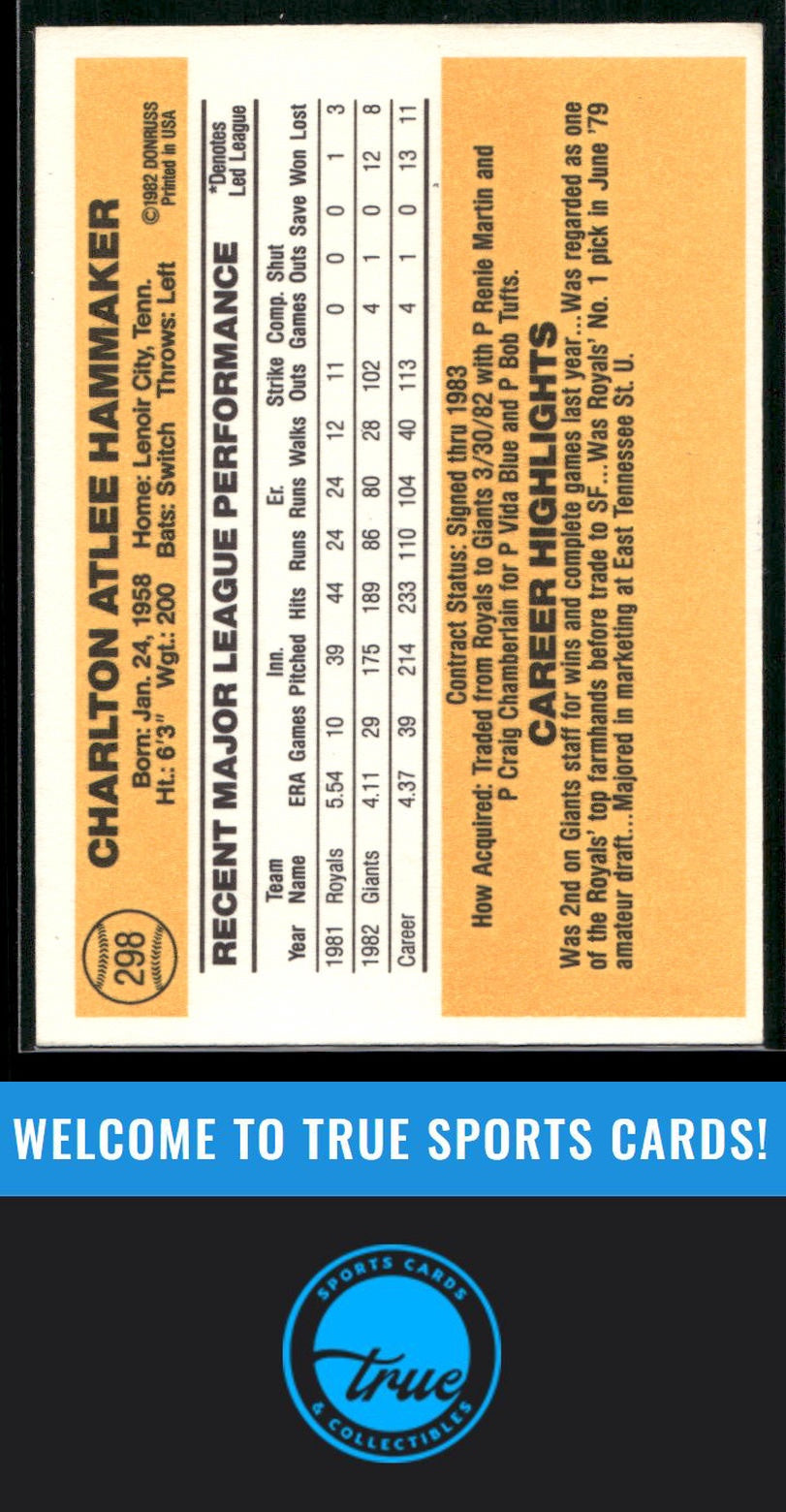 1983 Donruss #298 Atlee Hammaker Auto