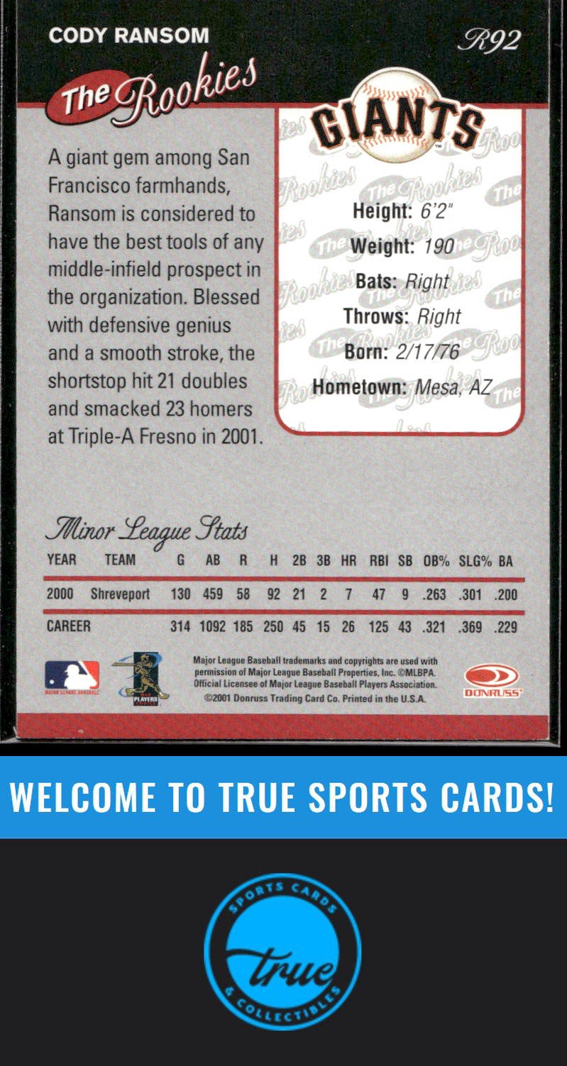 2001 Donruss The Rookies #R92 Cody Ransom Auto