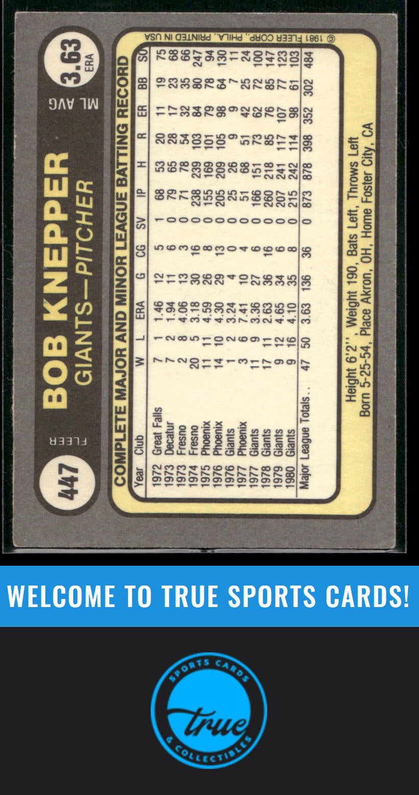 1981 Fleer #447 Bob Knepper Auto