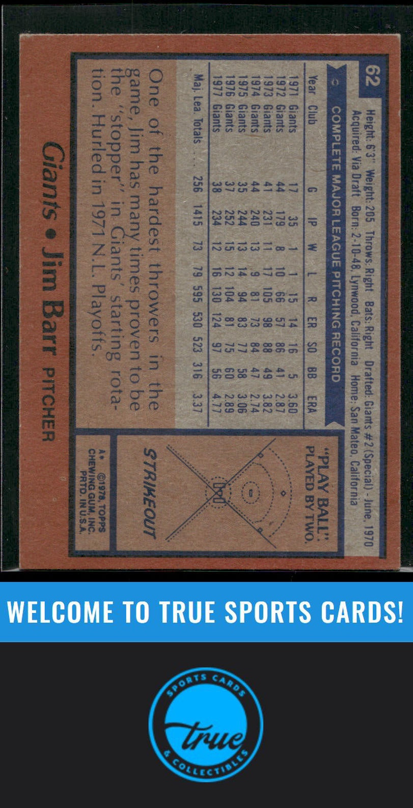 1978 Topps #62 Jim Barr Auto