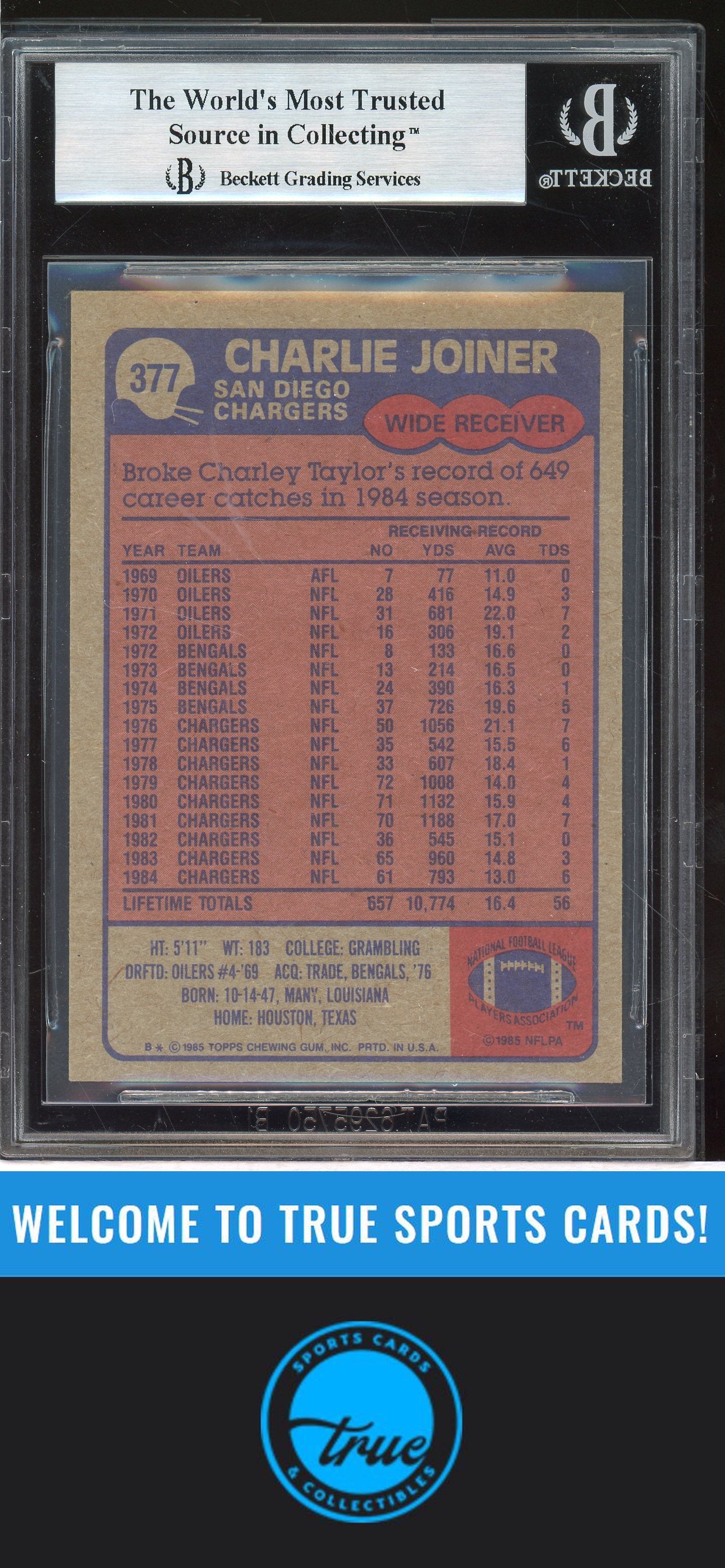 1985 Topps Charlie Joiner Auto BGS Authentic (2902)