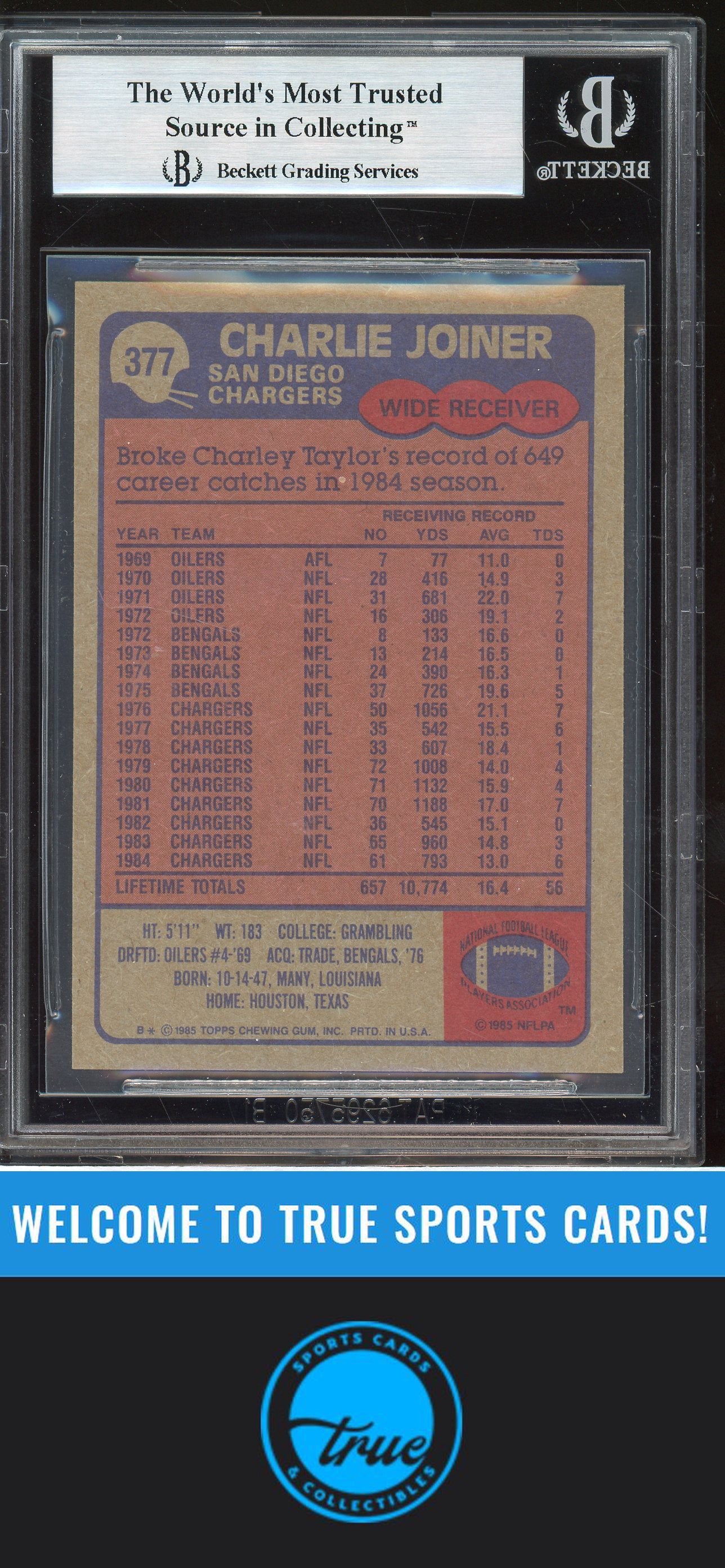 1985 Topps #377 Charlie Joiner Auto BGS Authentic (2896)