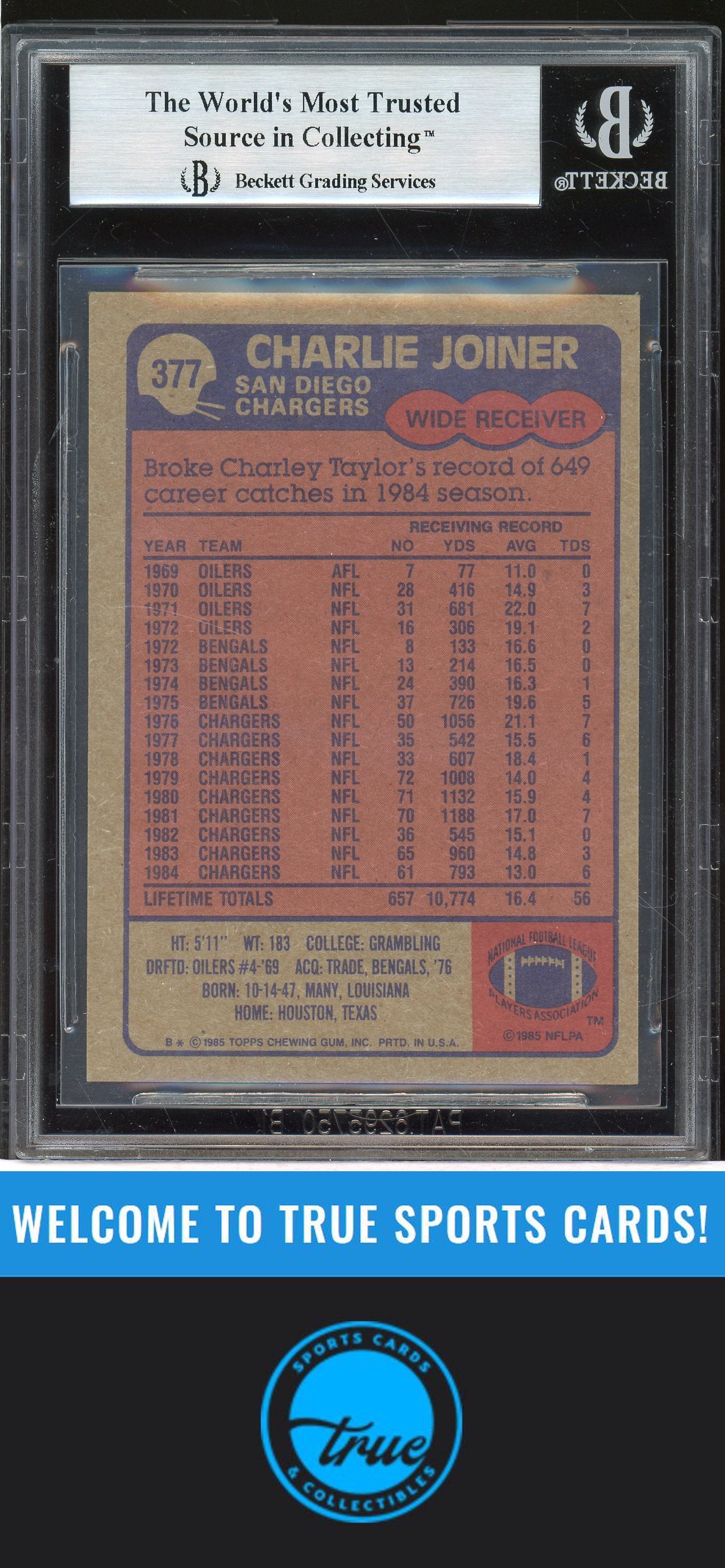 1985 Topps #377 Charlie Joiner Auto BGS Authentic (2901)