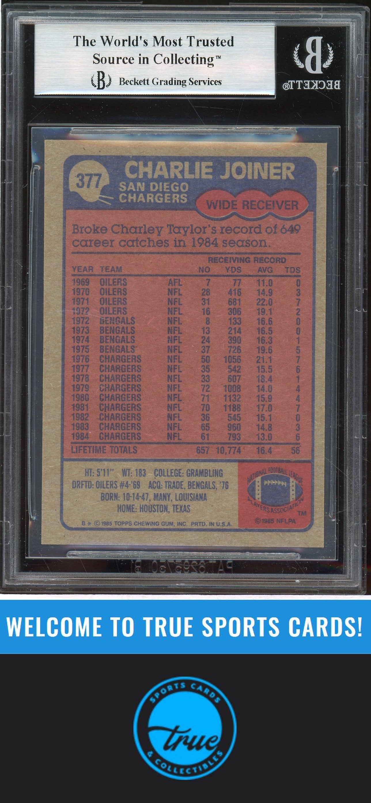 1985 Topps #377 Charlie Joiner Auto BGS Authentic (2903)