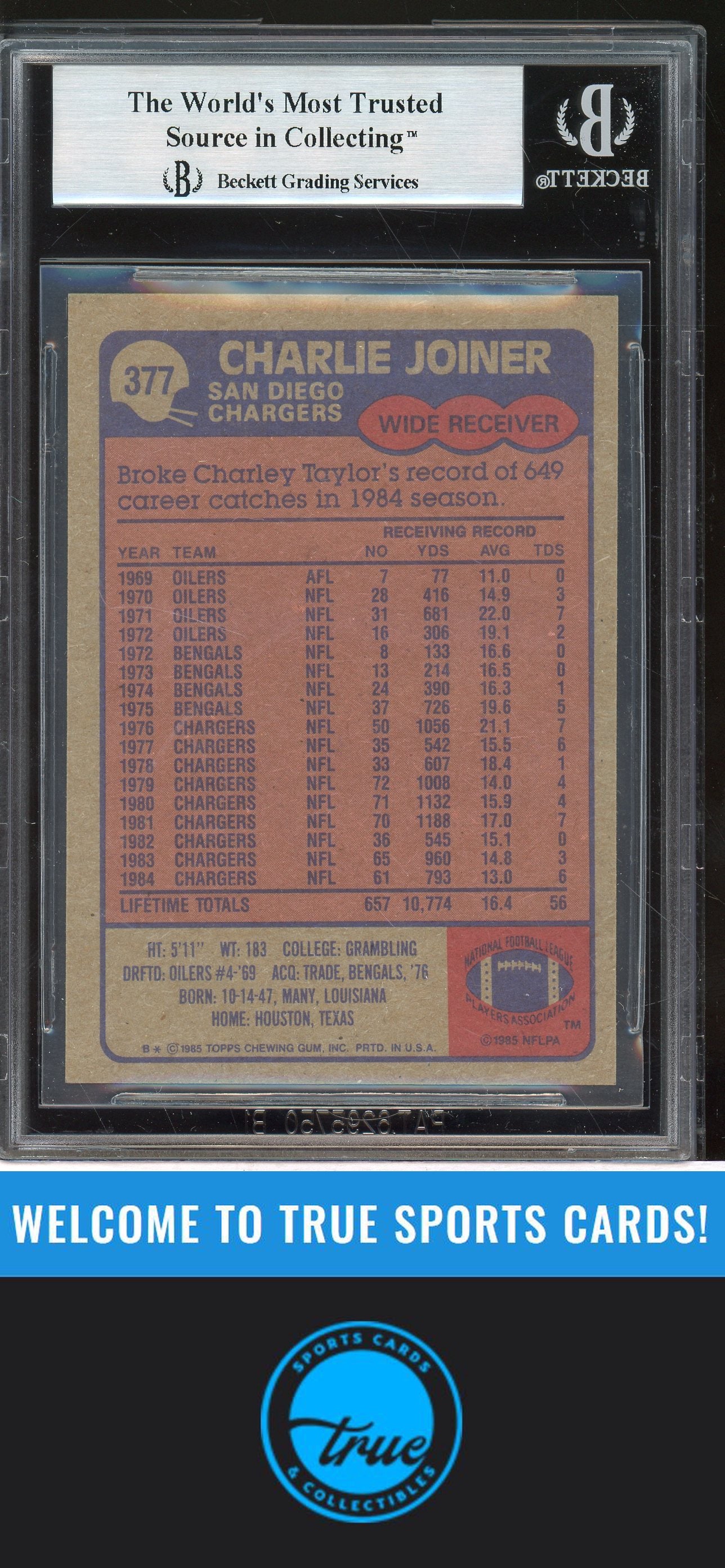 1985 Topps #377 Charlie Joiner Auto BGS Authentic (2899)