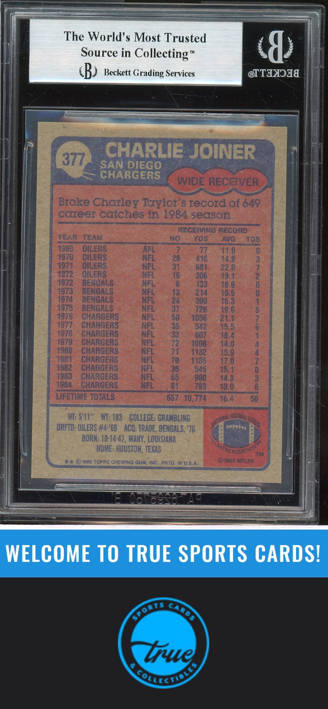1985 Topps #377 Charlie Joiner Auto BGS Authentic (2898)