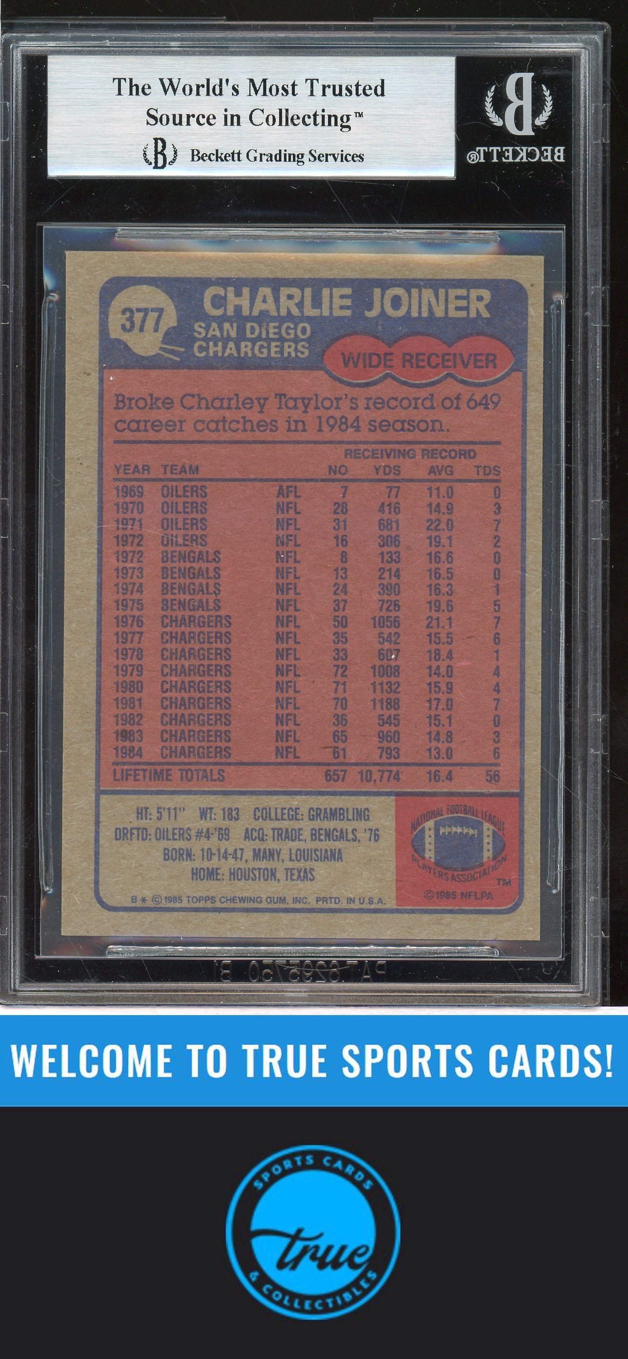 1985 Topps #377 Charlie Joiner Auto BGS Authentic (2904)