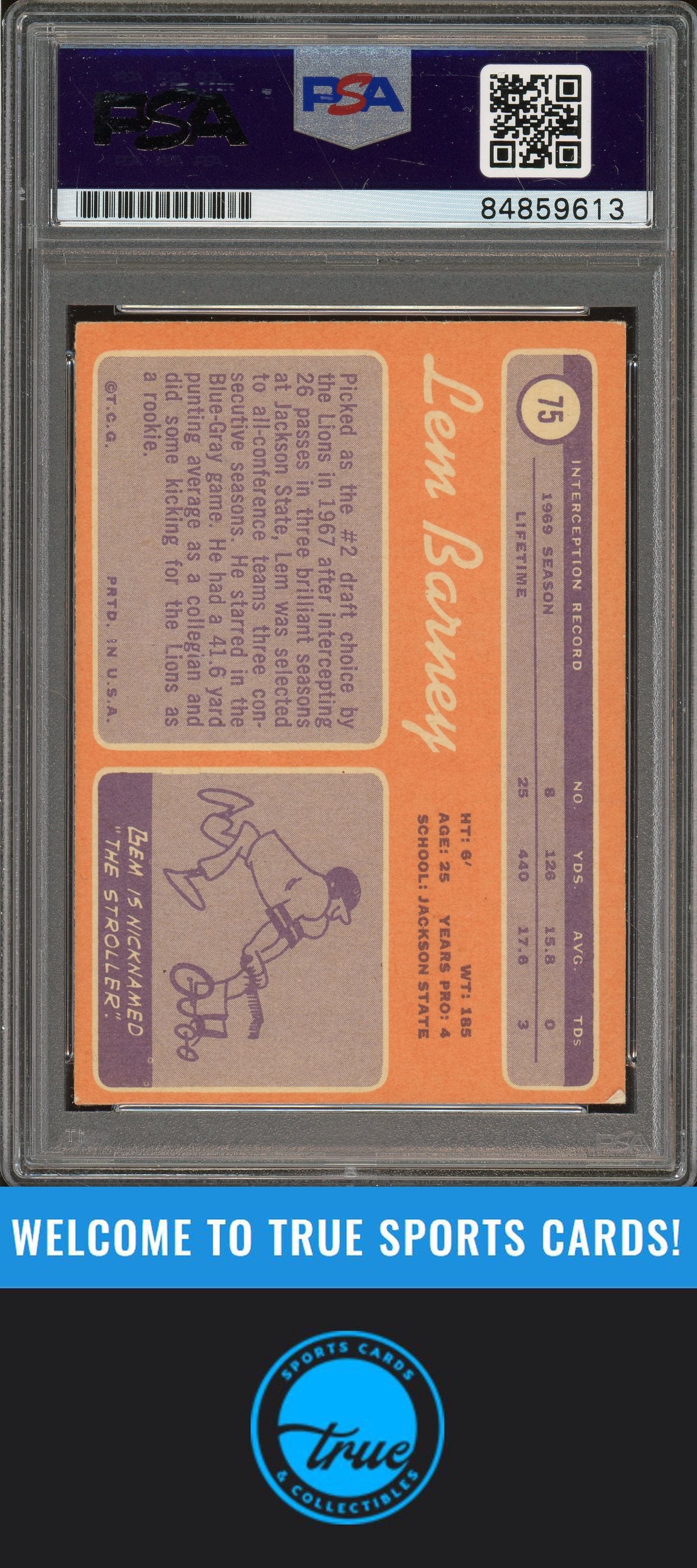 1970 Topps #75 Lem Barney Rookie "HOF" Auto PSA Authentic (9613)