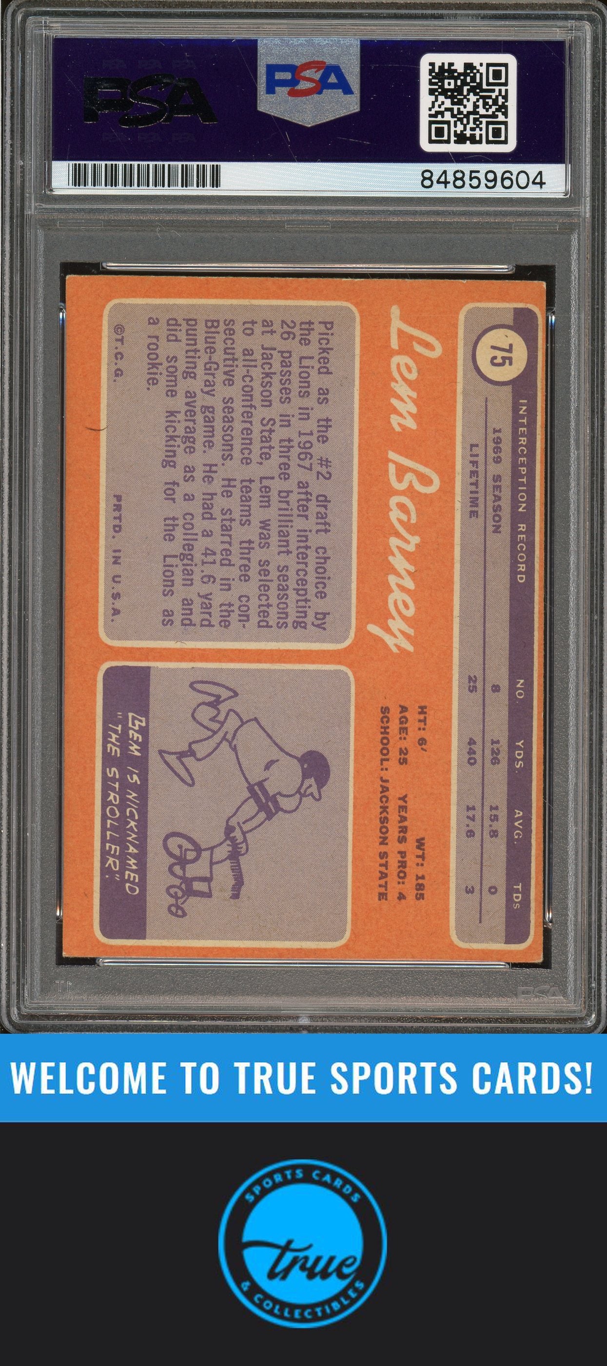 1970 Topps #75 Lem Barney Rookie "HOF" Auto PSA Authentic (9604)