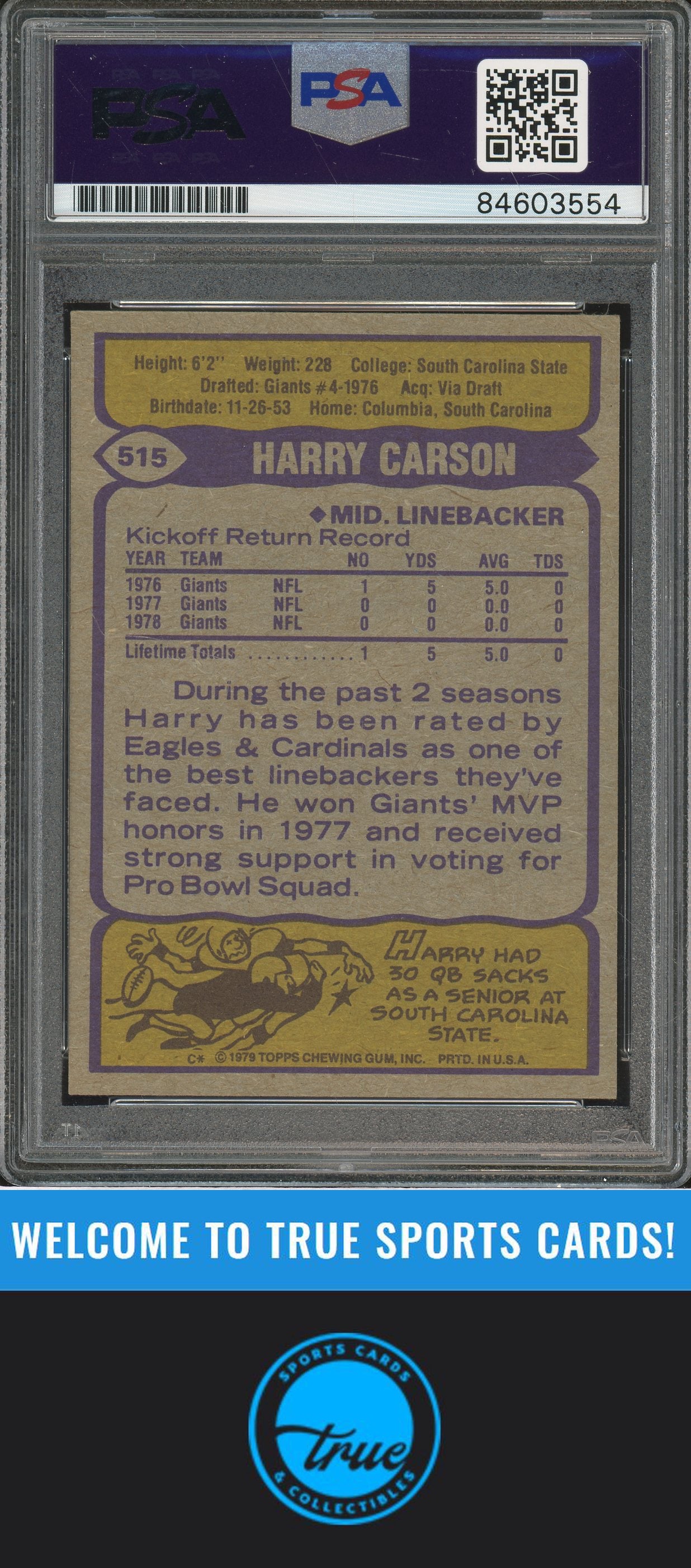 1979 Topps #515 Harry Carson Auto PSA Authentic (3554)