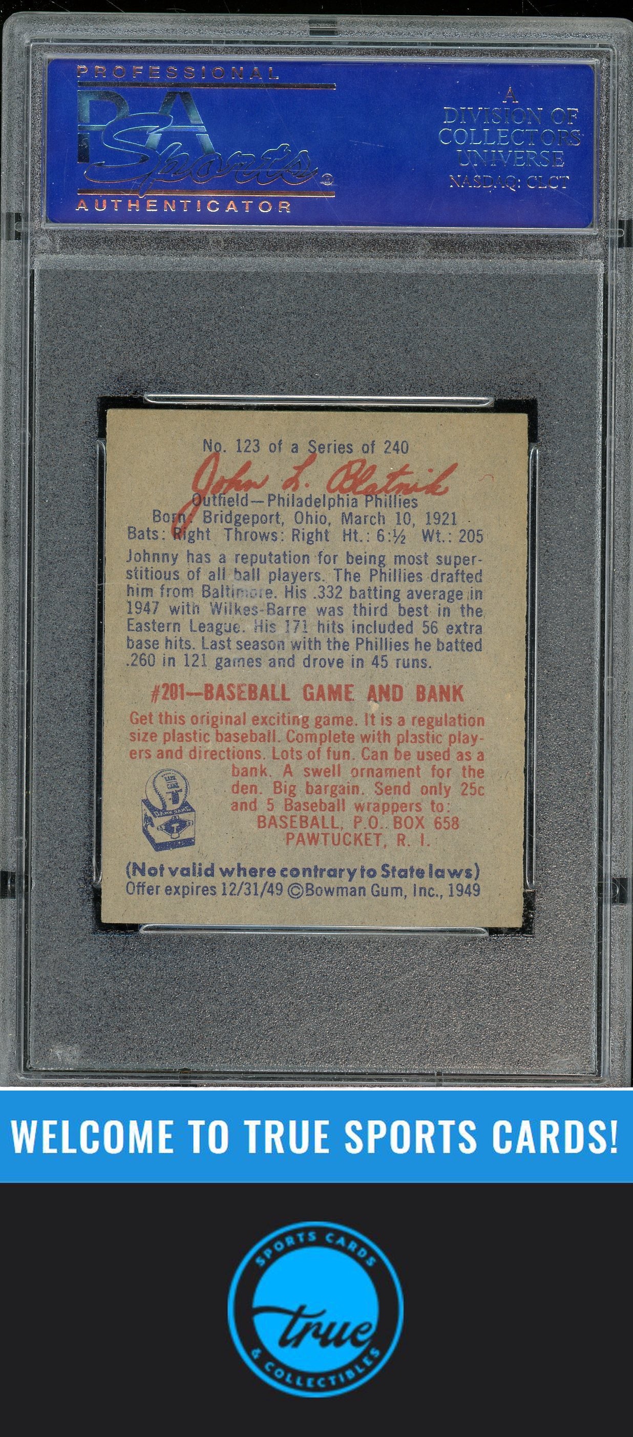 1949 Bowman #123 Johnny Blatnick PSA 5