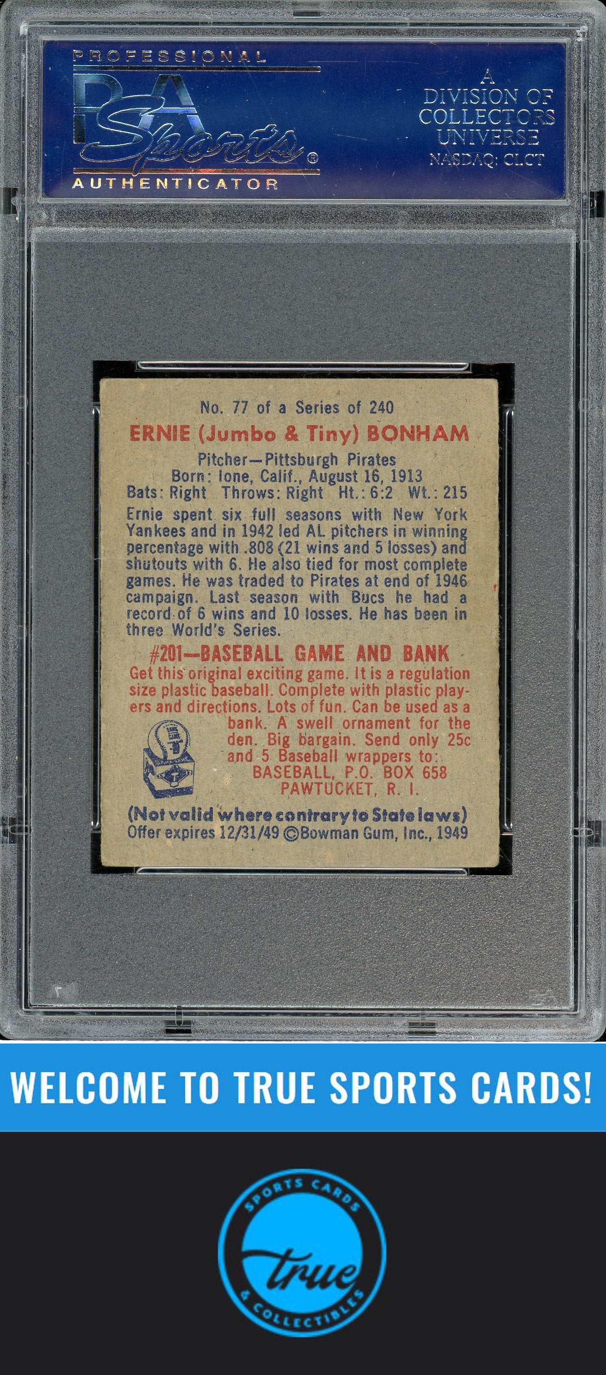1949 Bowman #77 Ernie "Jumbo & Tiny" Bonham PSA 2