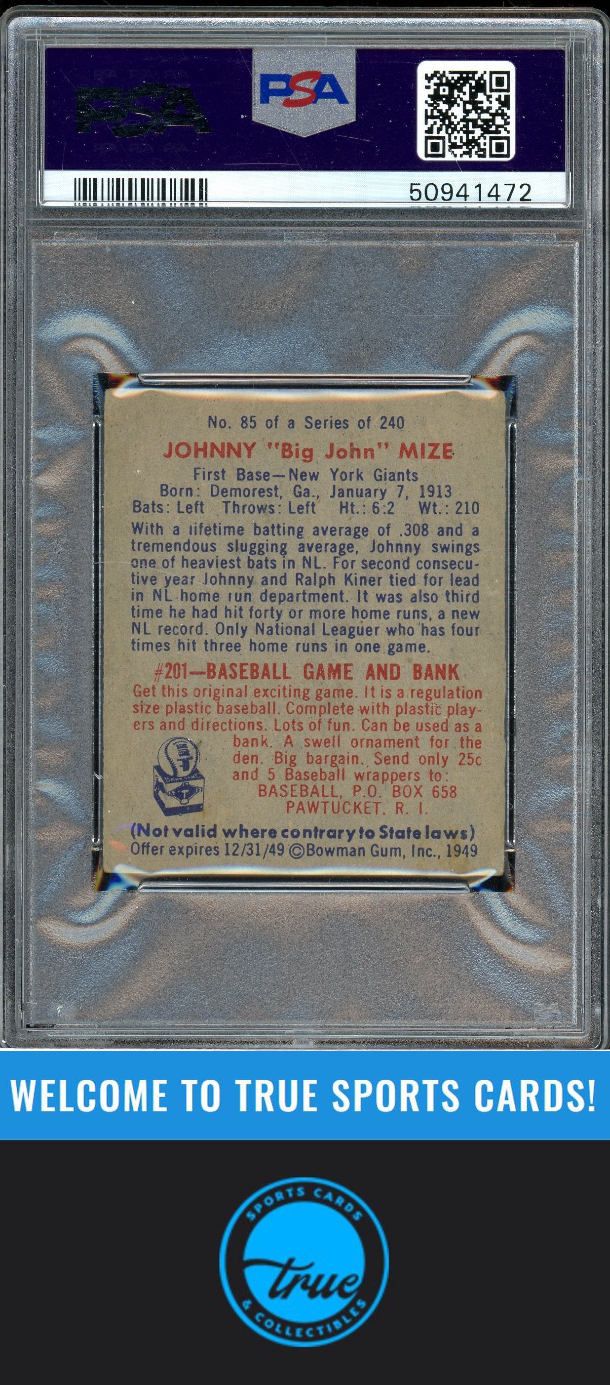 1949 Bowman #85b Johnny "Big John" Mize PSA 3 (MK)