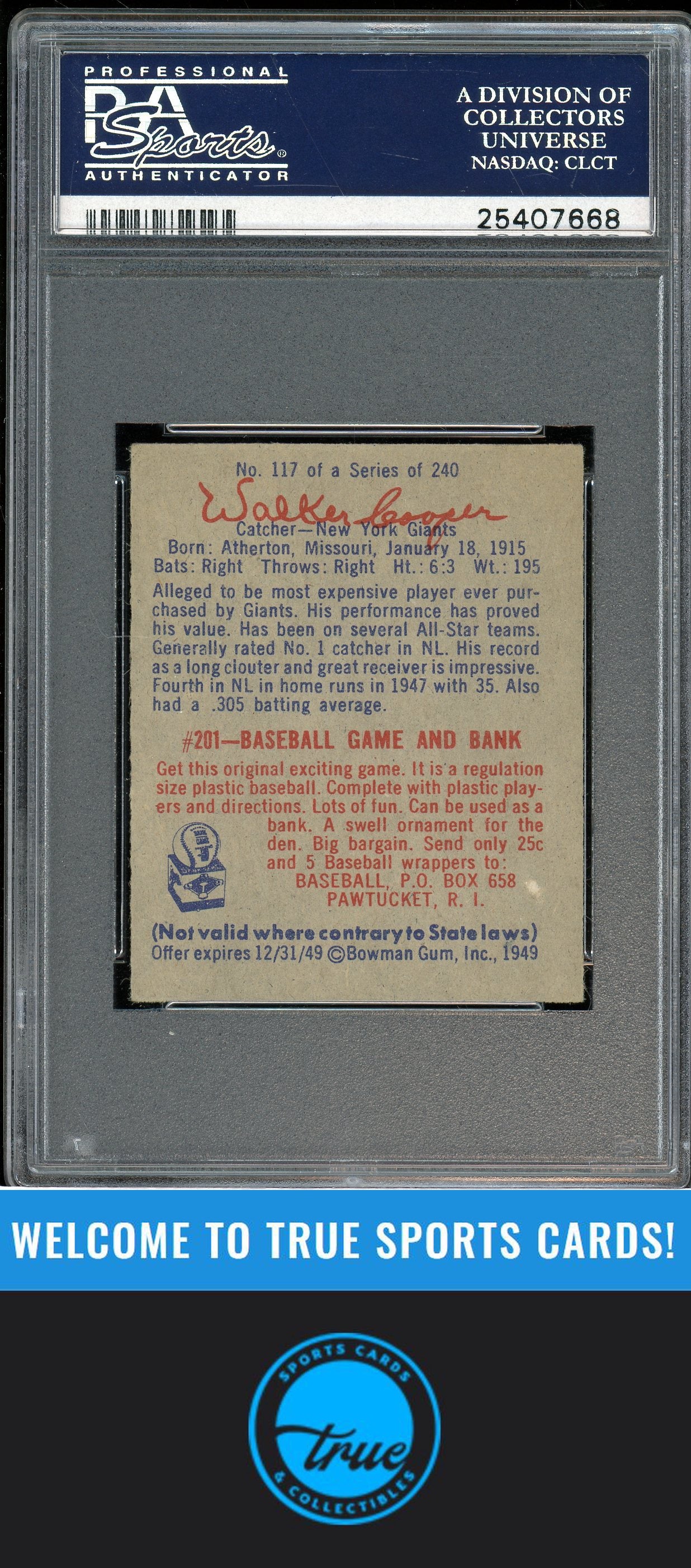 1949 Bowman #117 Walker Cooper PSA 6