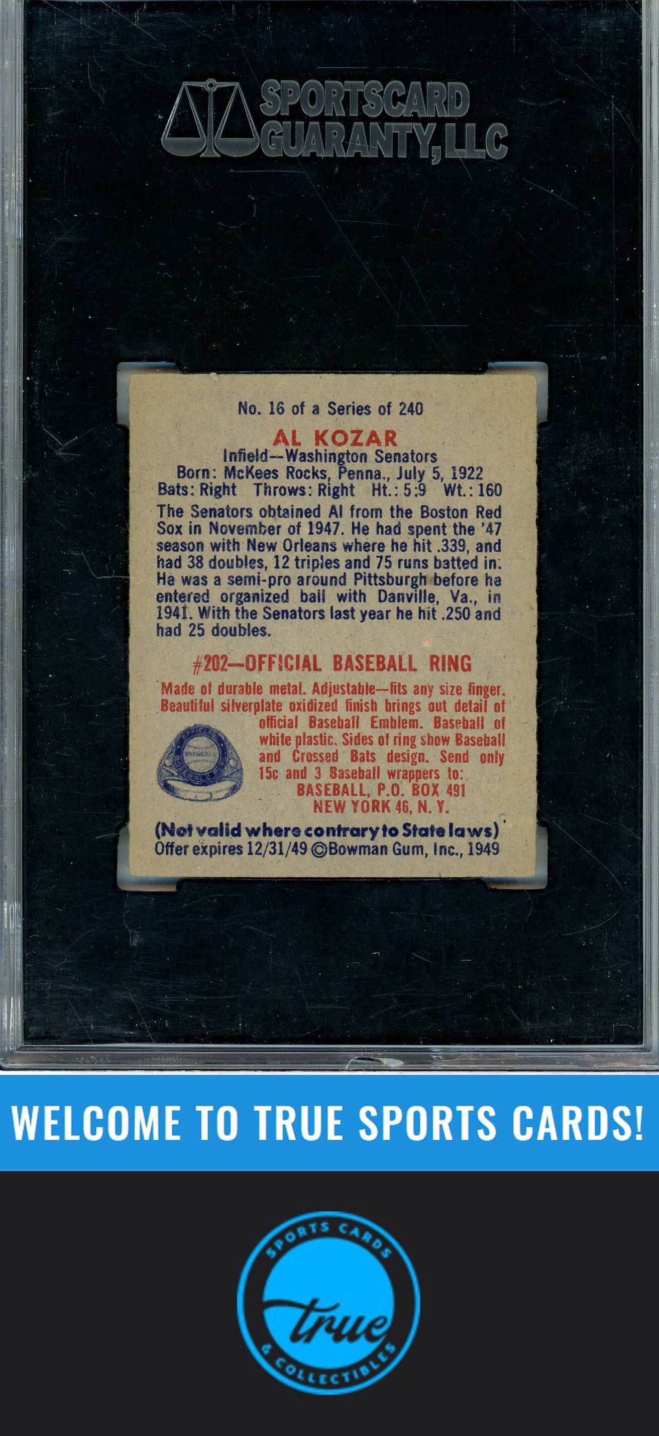 1949 Bowman #16 Al Kozar SGC 5.5
