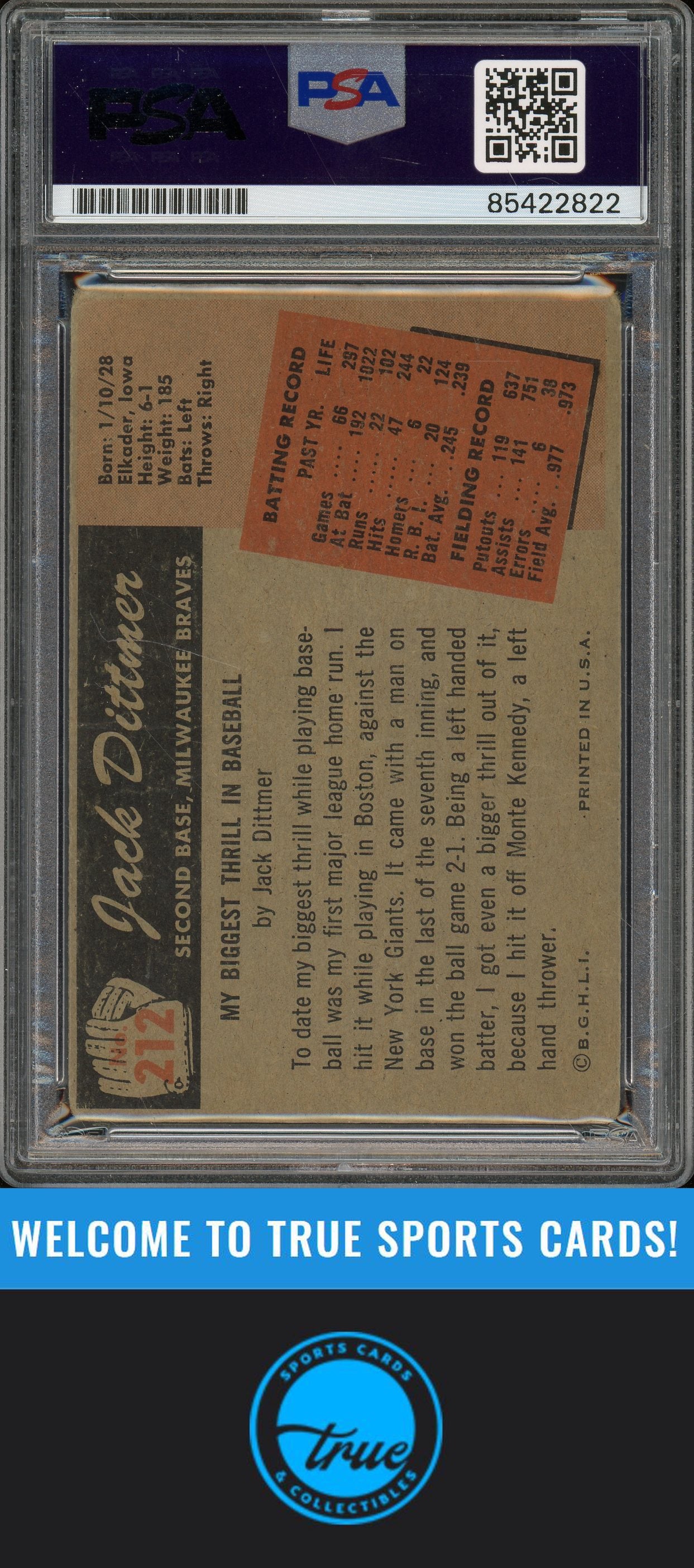 1955 Bowman #212 Jack Dittmer Auto PSA Authentic (2822)