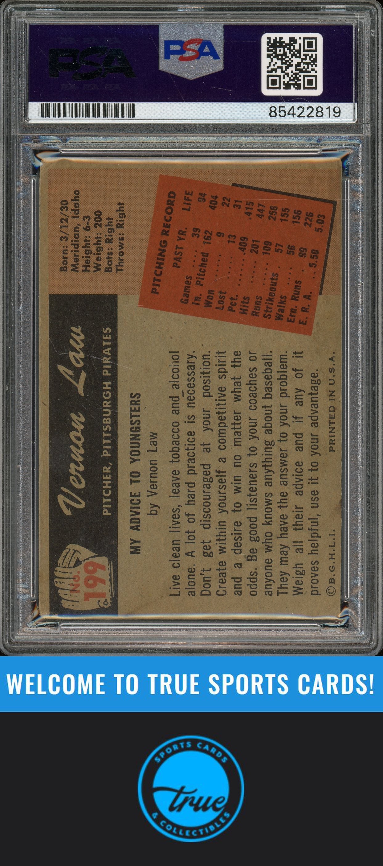1955 Bowman #199 Vernon Law Auto PSA Authentic (2819)