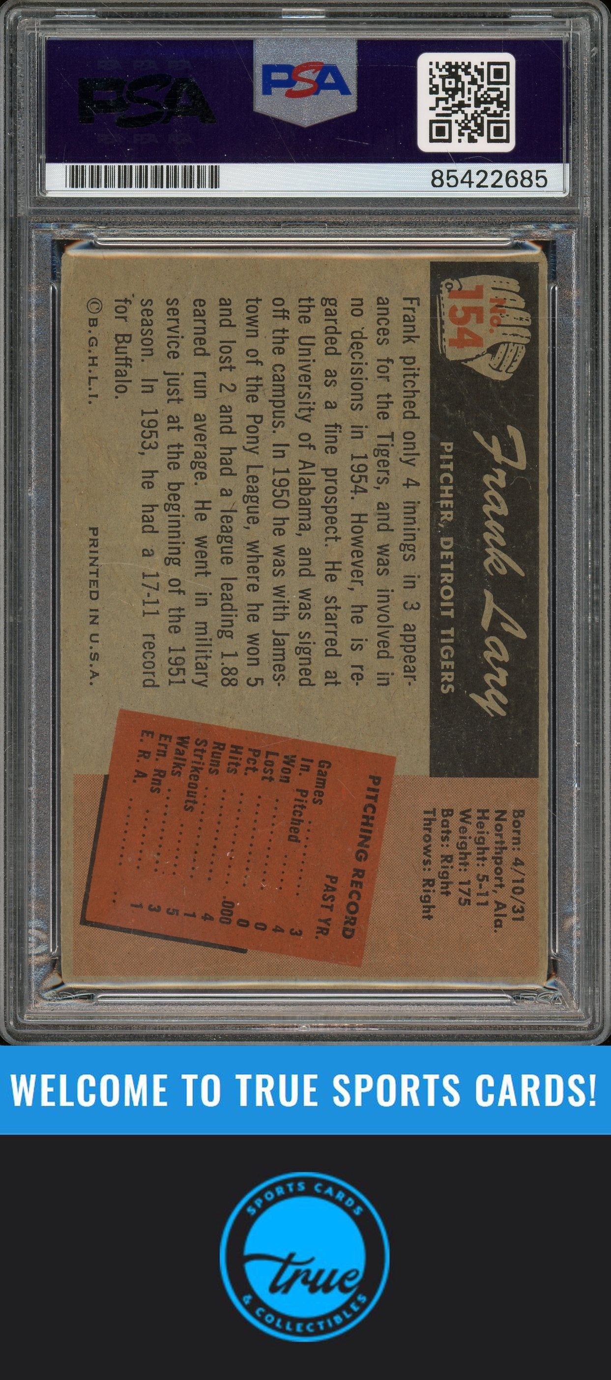 1955 Bowman #154 Frank Lary Auto PSA Authentic (2685)