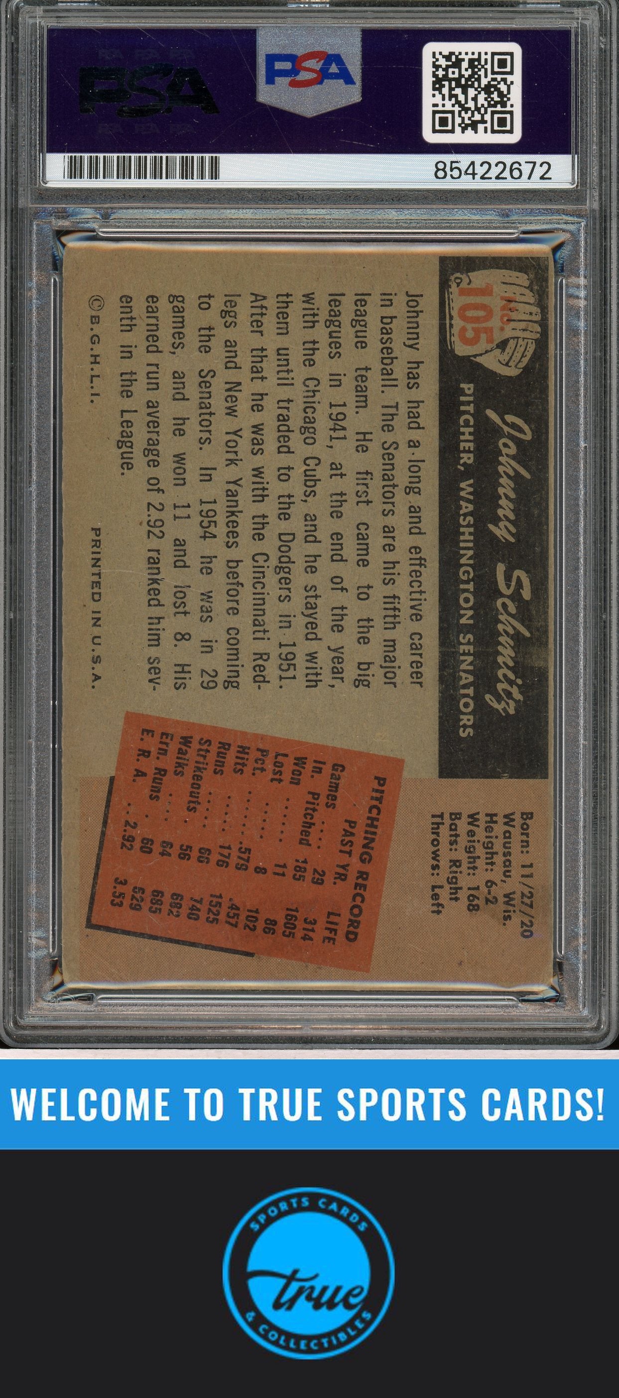 1955 Bowman #105 Johnny Schmitz Auto PSA Authentic (2672)