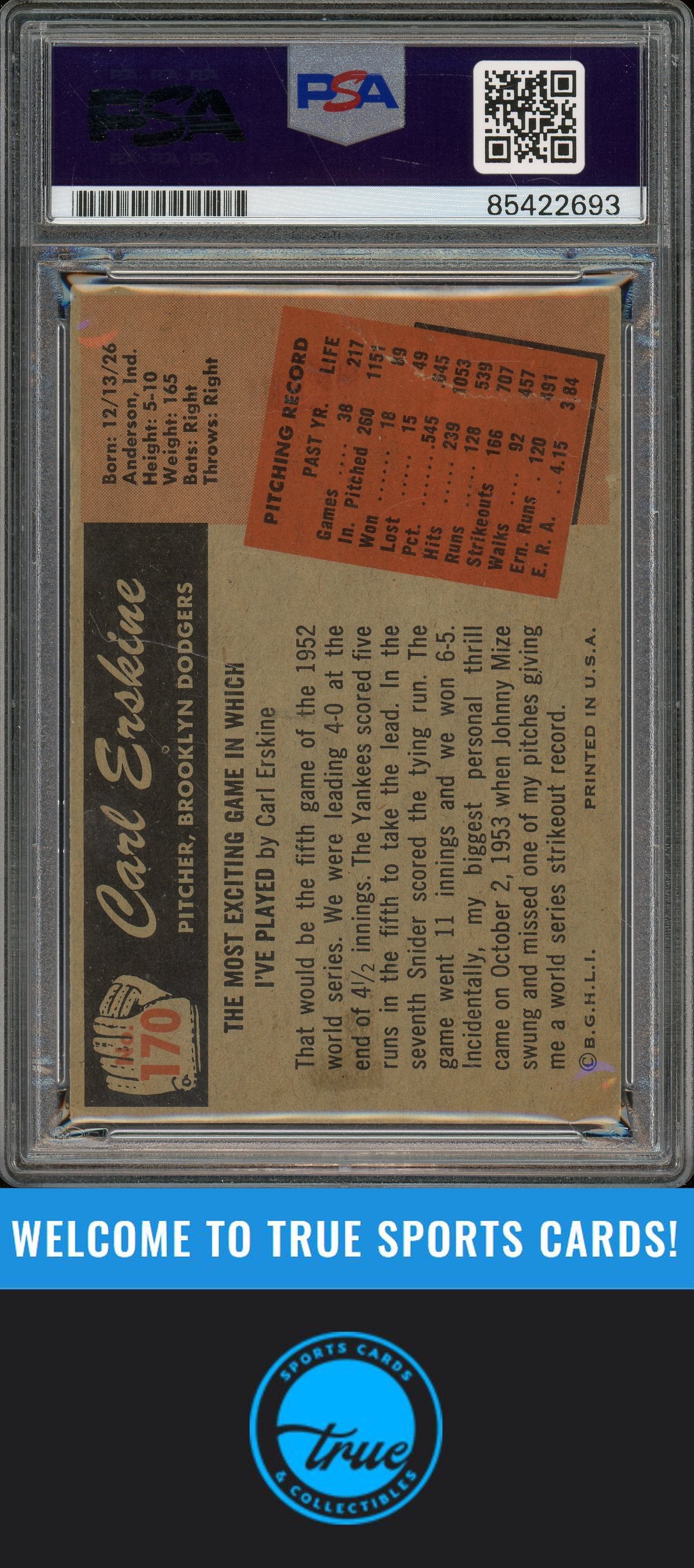1955 Bowman #170 Carl Erskine Auto PSA Authentic (2693)