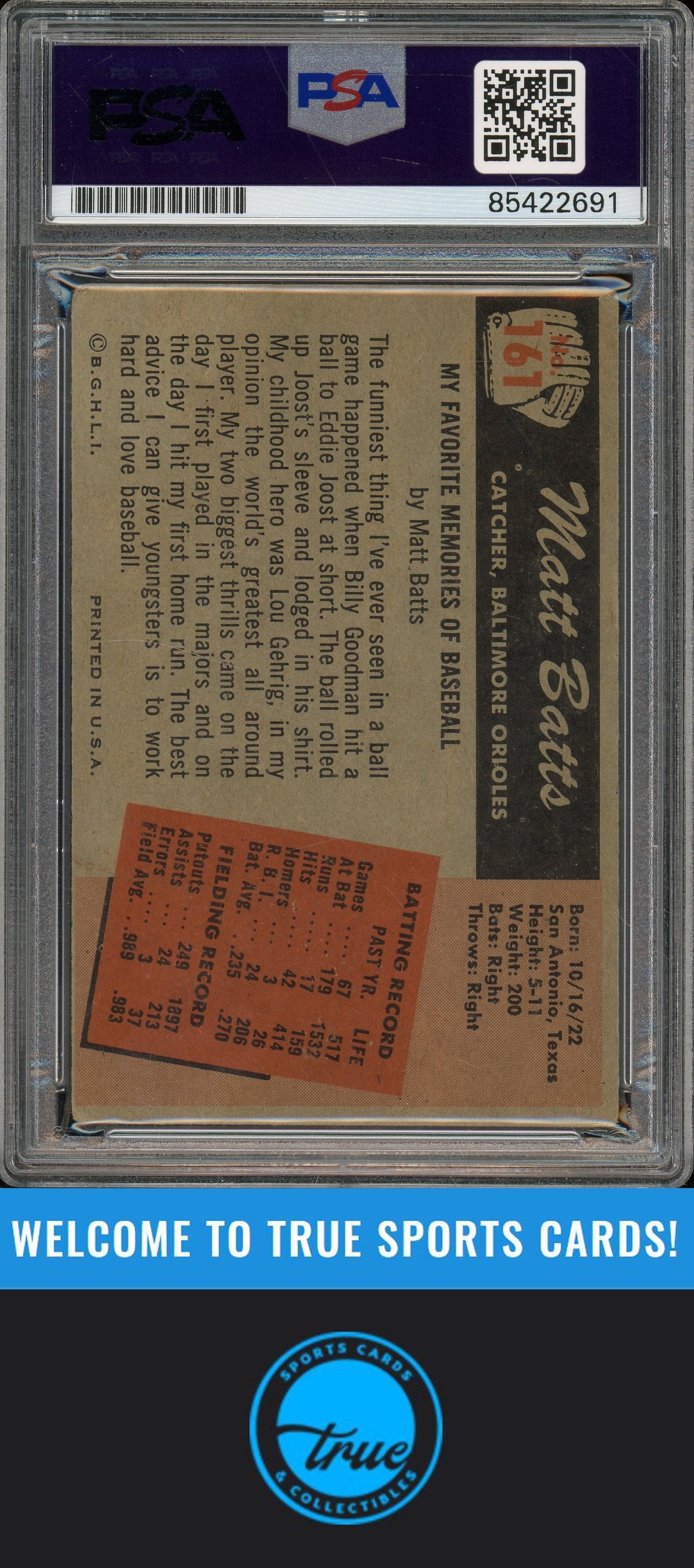 1955 Bowman #161 Matt Batts Auto PSA Authentic (2691)