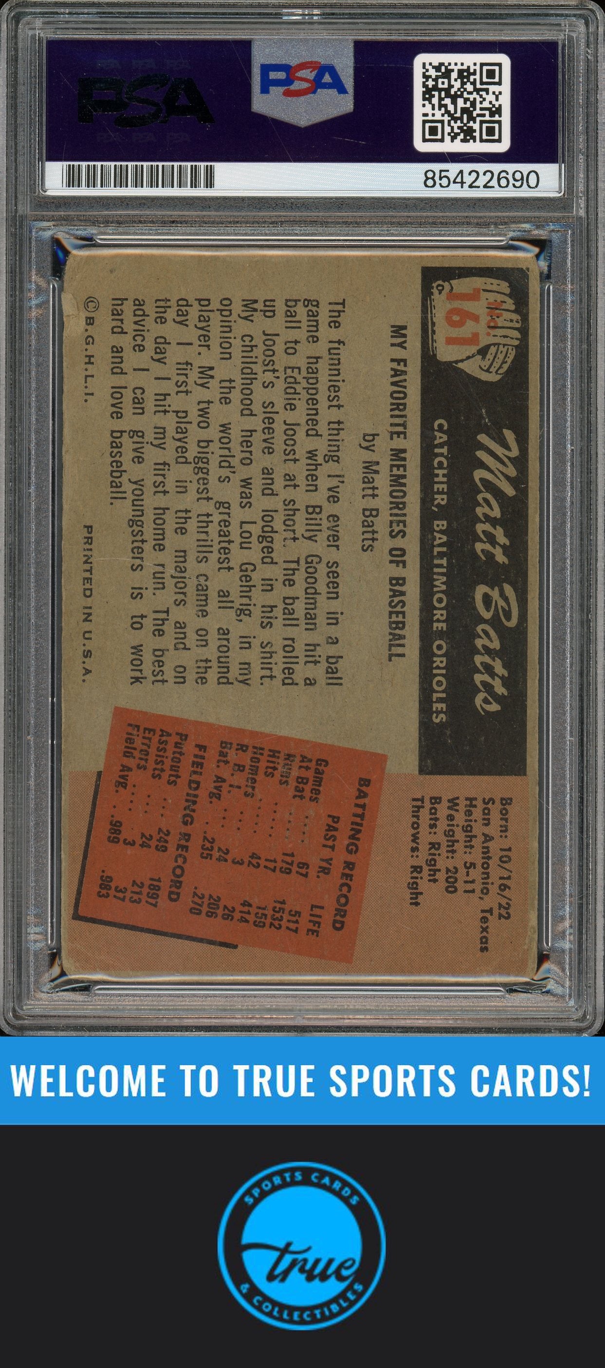 1955 Bowman #161 Matt Batts Auto PSA Authentic (2690)