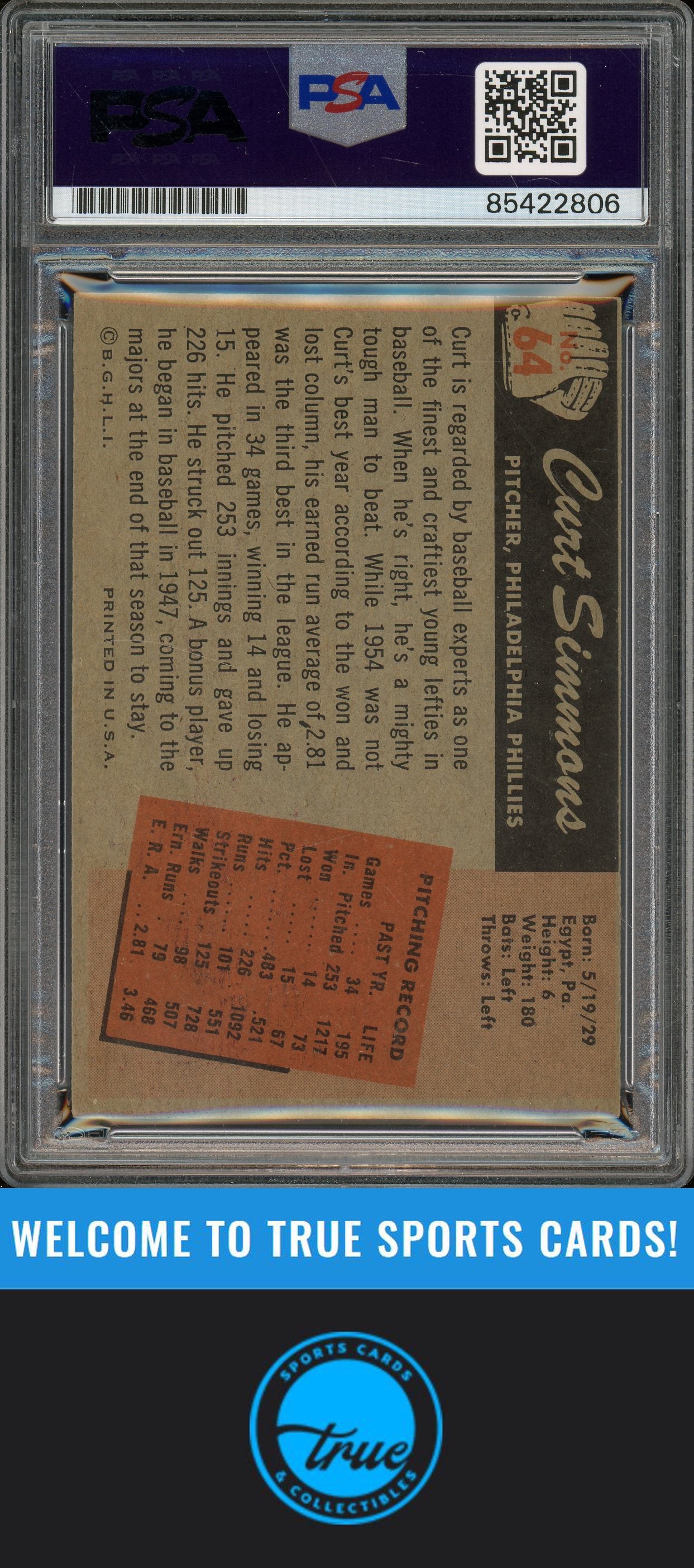 1955 Bowman #64 Curt Simmons Auto PSA Authentic (2806)