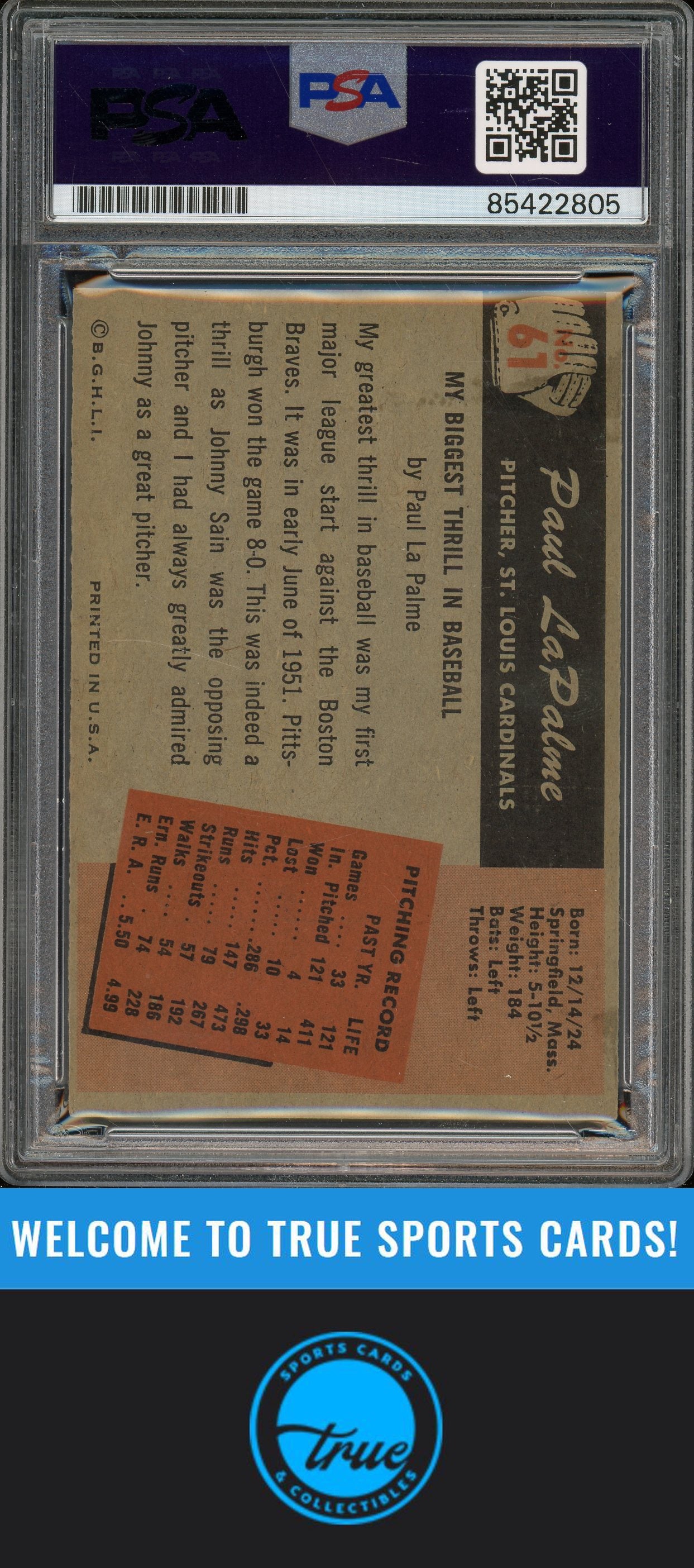1955 Bowman #61 Paul LaPalme Auto PSA Authentic (2805)