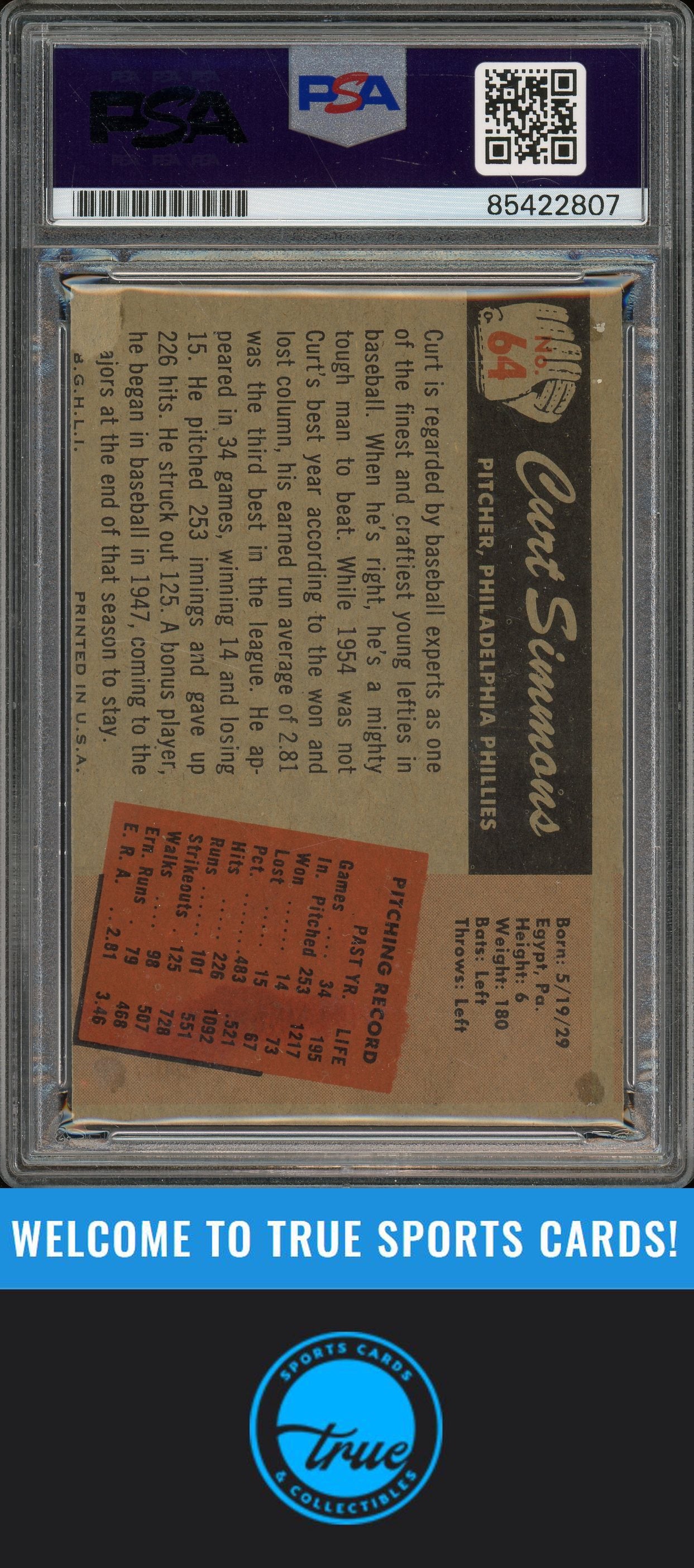 1955 Bowman #64 Curt Simmons Auto PSA Authentic (2807)
