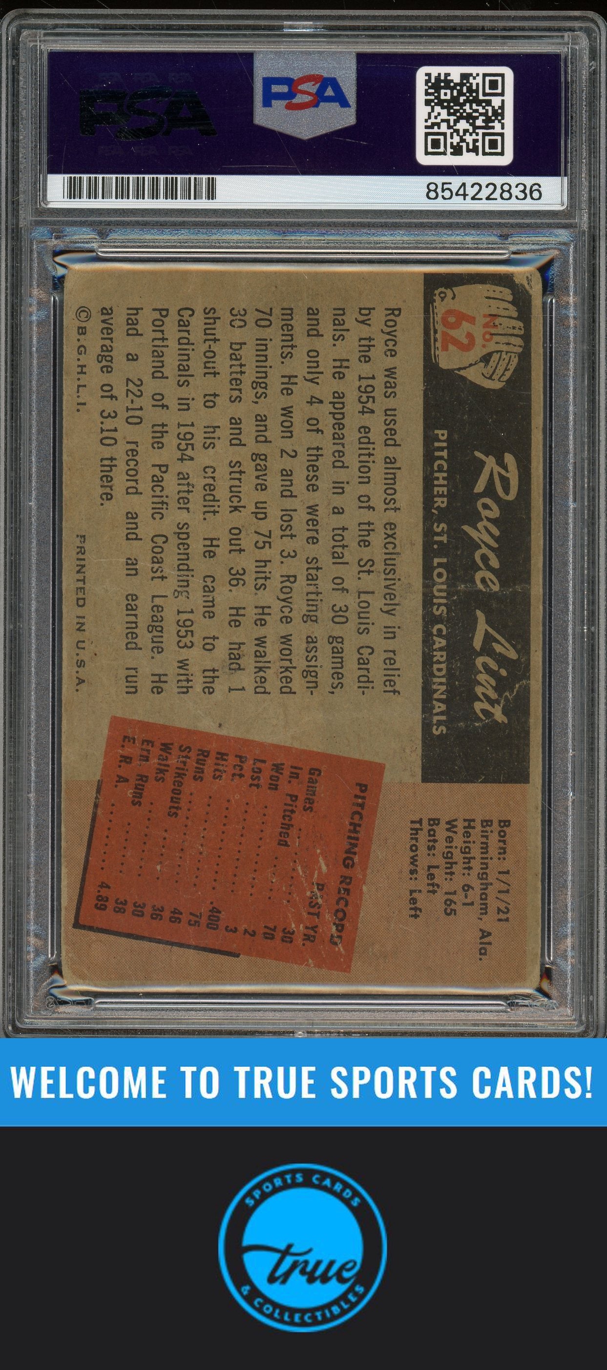 1955 Bowman #62 Royce Lint Auto PSA Authentic (2836)