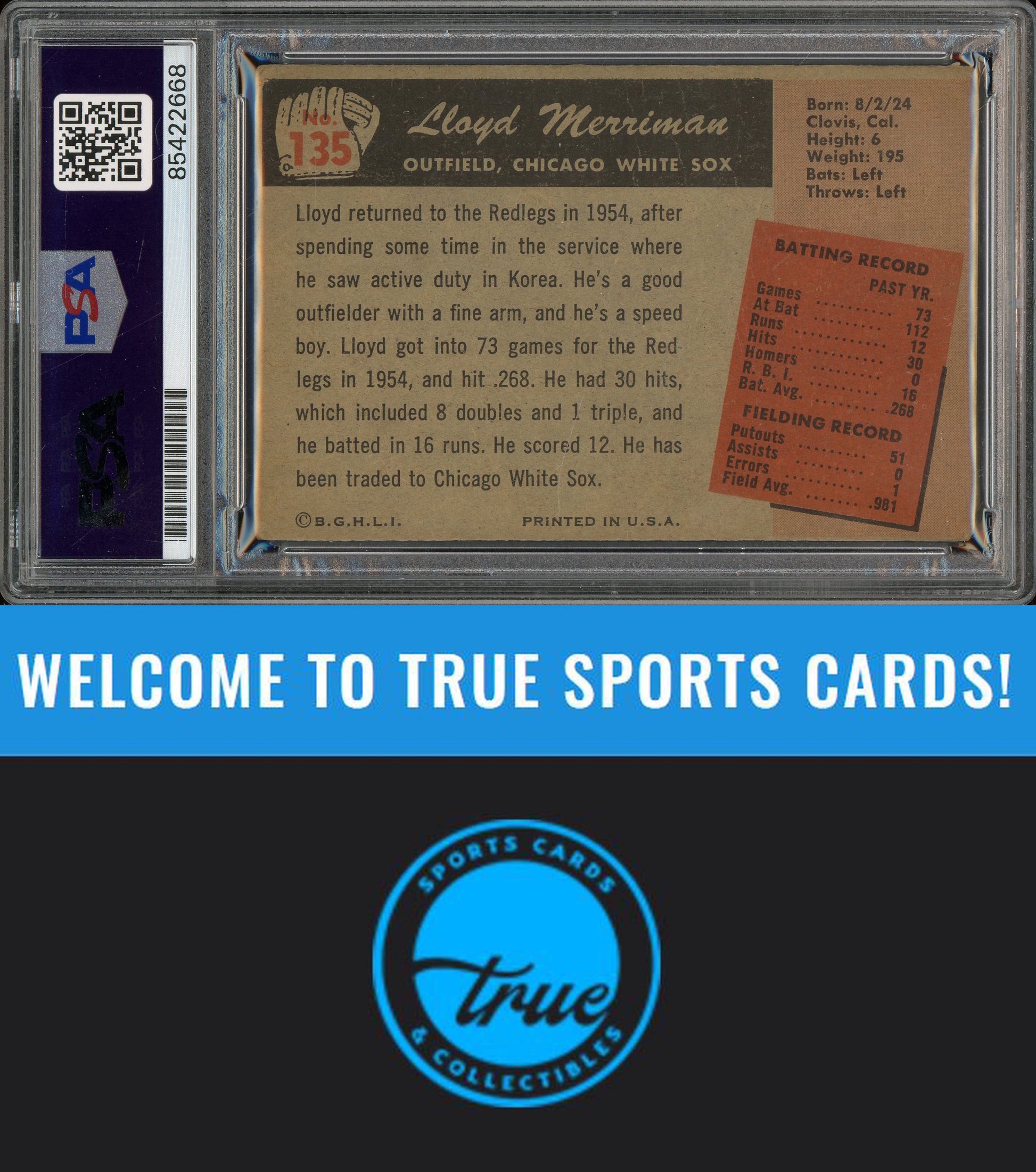 1955 Bowman #135 Lloyd Merriman Auto PSA Authentic (2668)