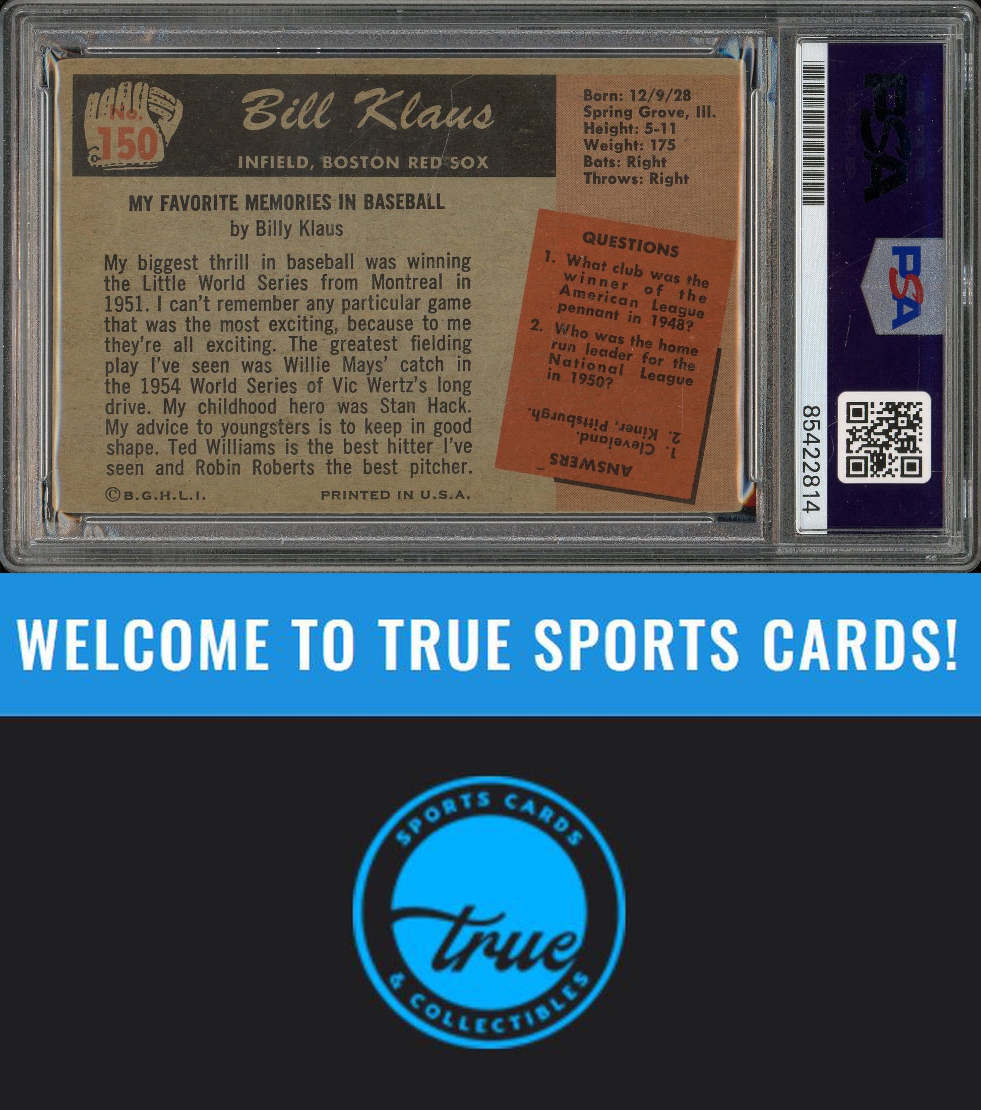 1955 Bowman #150 Billy Klaus Auto PSA Authentic (2814)