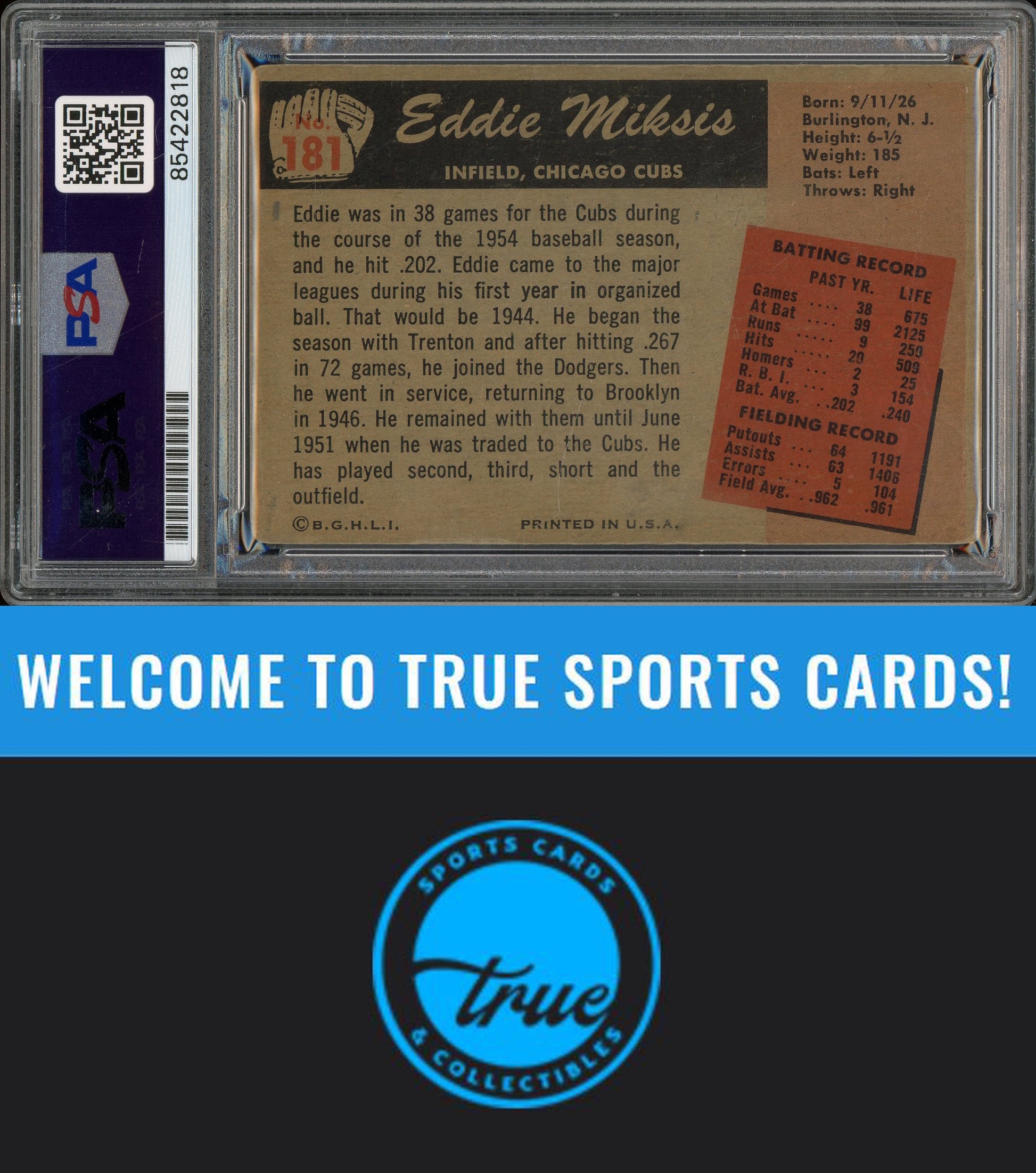 1955 Bowman #181 Eddie Miksis Auto PSA Authentic (2818)
