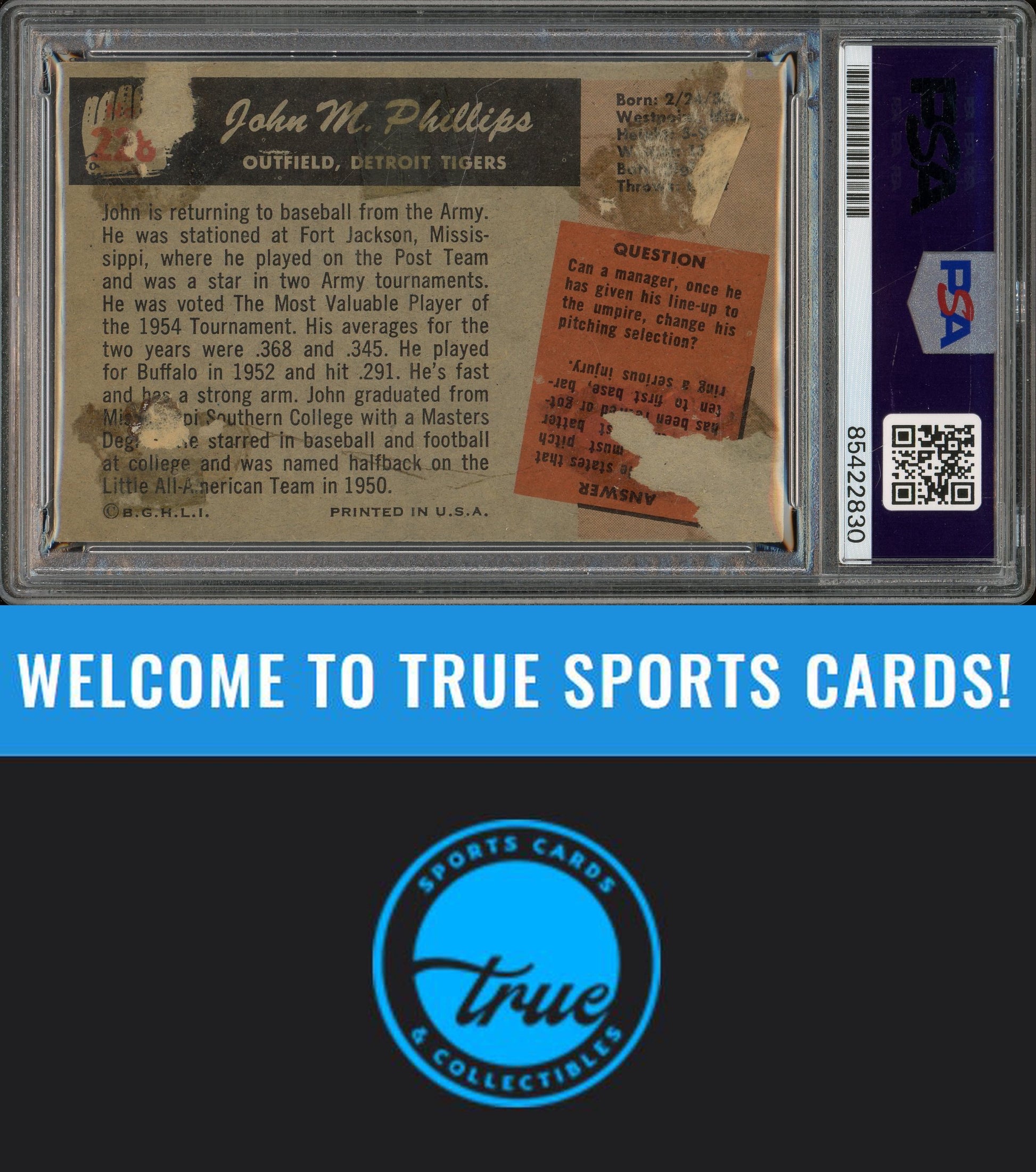 1955 Bowman #228 Bubba Phillips Auto PSA Authentic (2830)