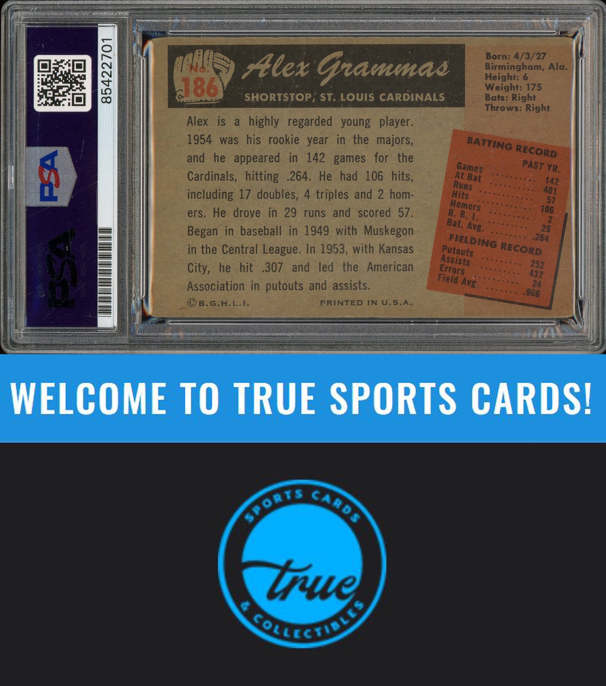 1955 Bowman #186 Alex Grammas Auto PSA Authentic (2701)