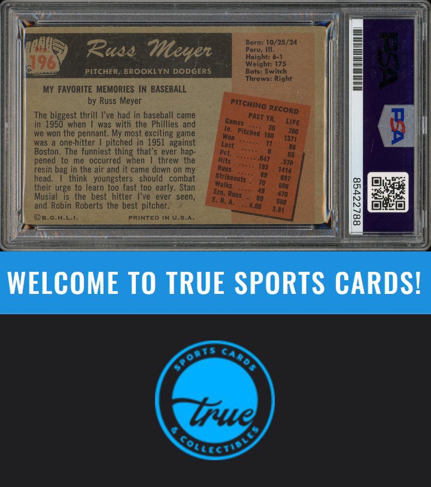 1955 Bowman #196 Russ Meyer Auto PSA Authentic (2788)