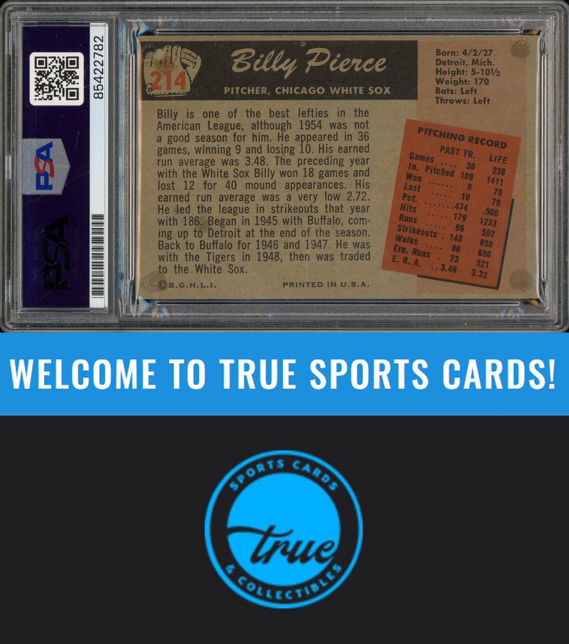 1955 Bowman #214 Billy Pierce Auto PSA Authentic (2782)