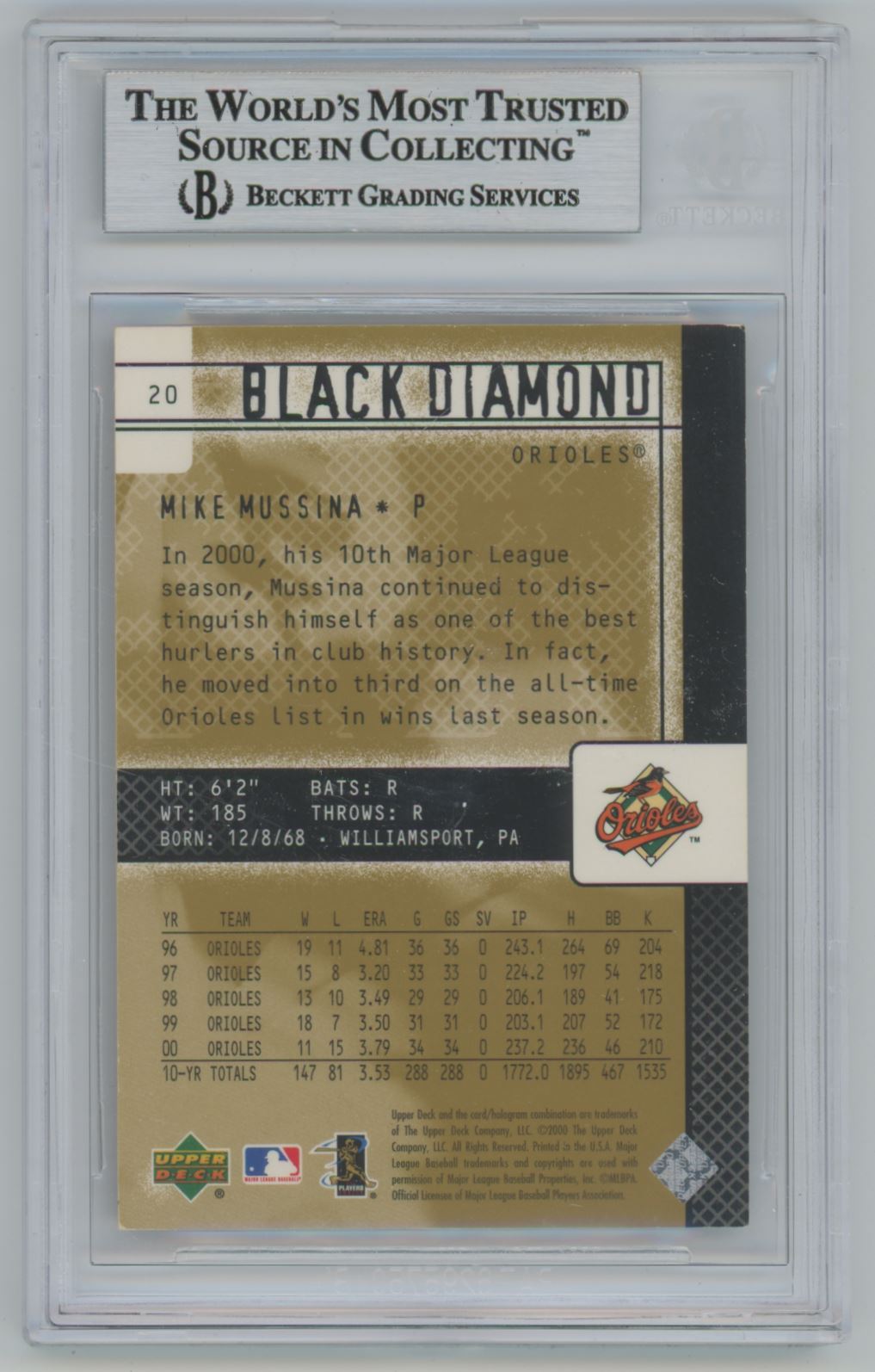 2000 Black Diamond Rookie Edition Mike Mussina Auto - Beckett Authentic