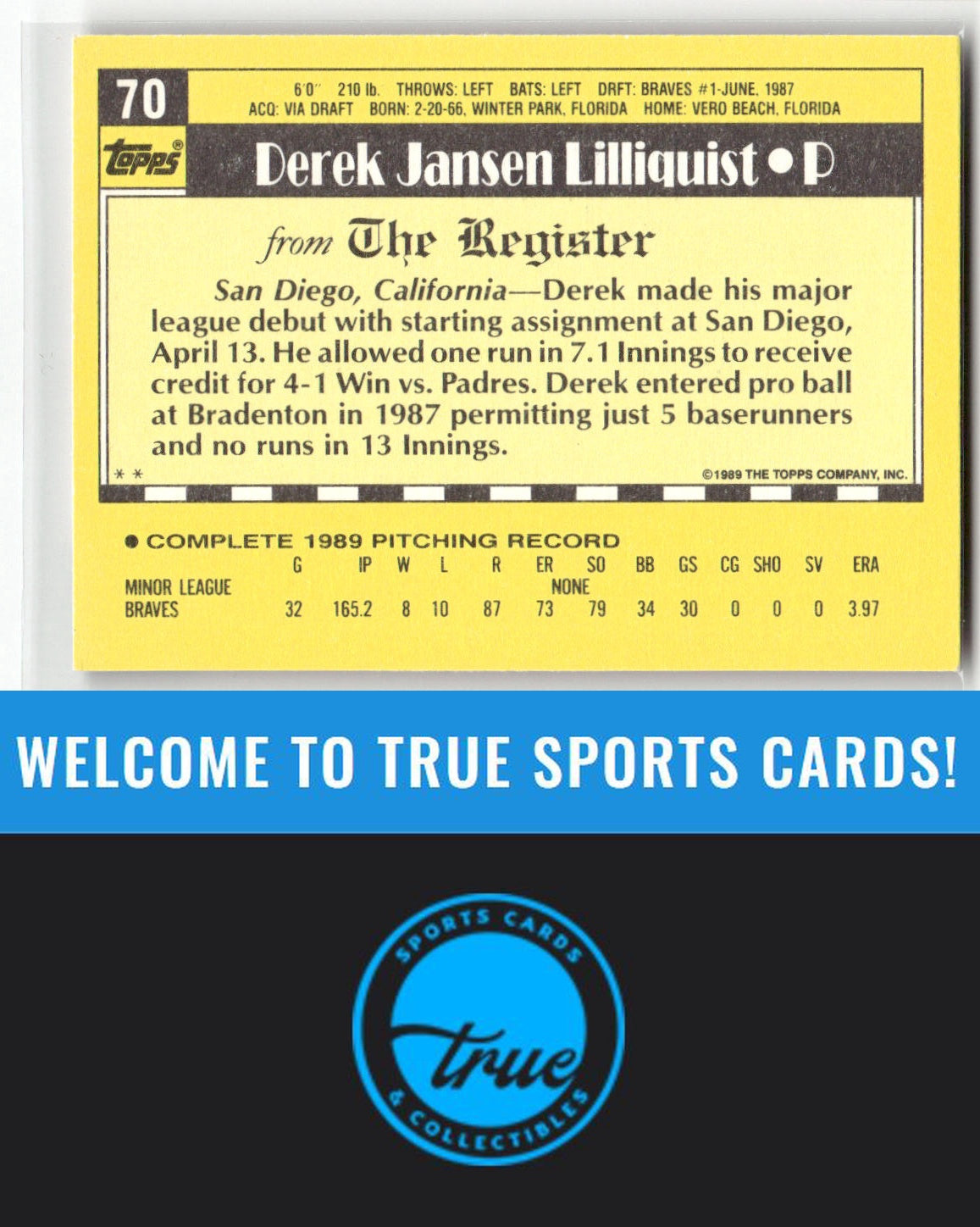 1990 Topps Major League Debut 1989 #70 Derek Lilliquist Auto